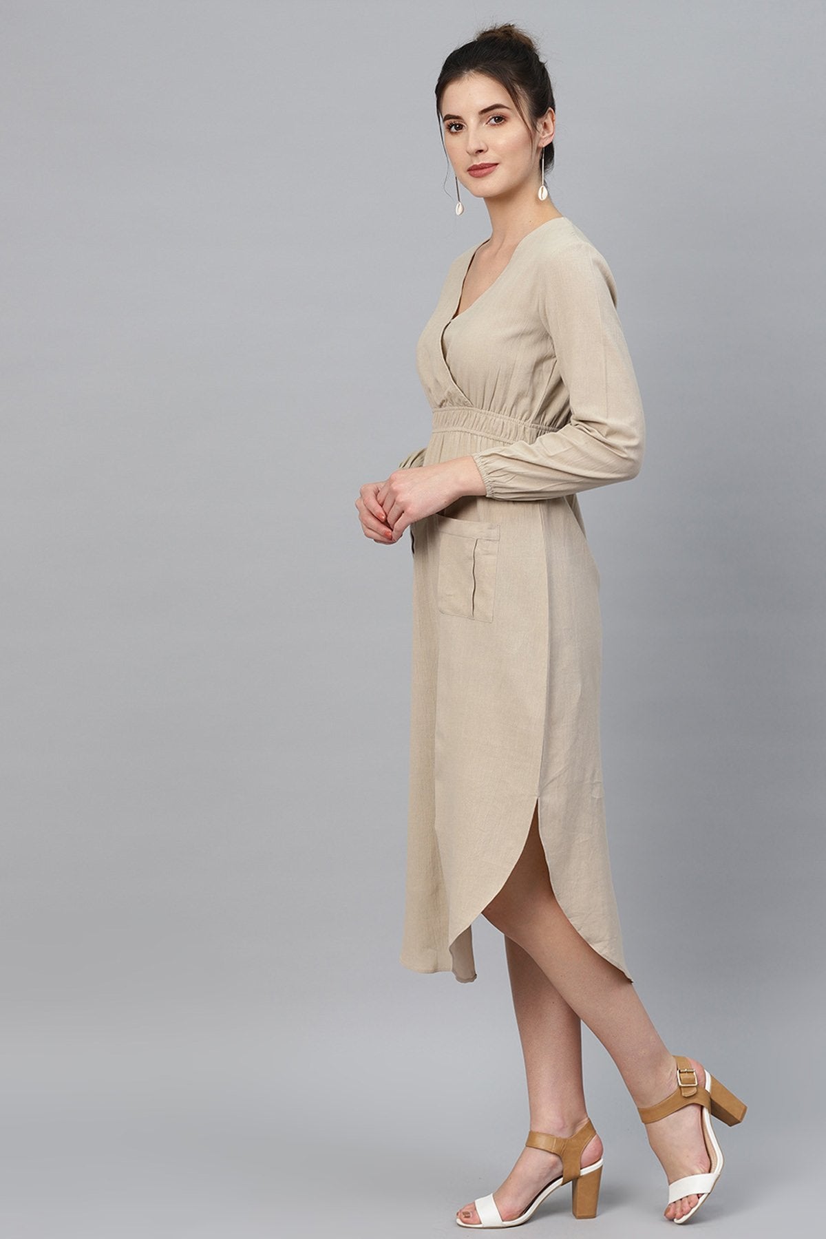 Women's Beige Wrap Front Midi - SASSAFRAS