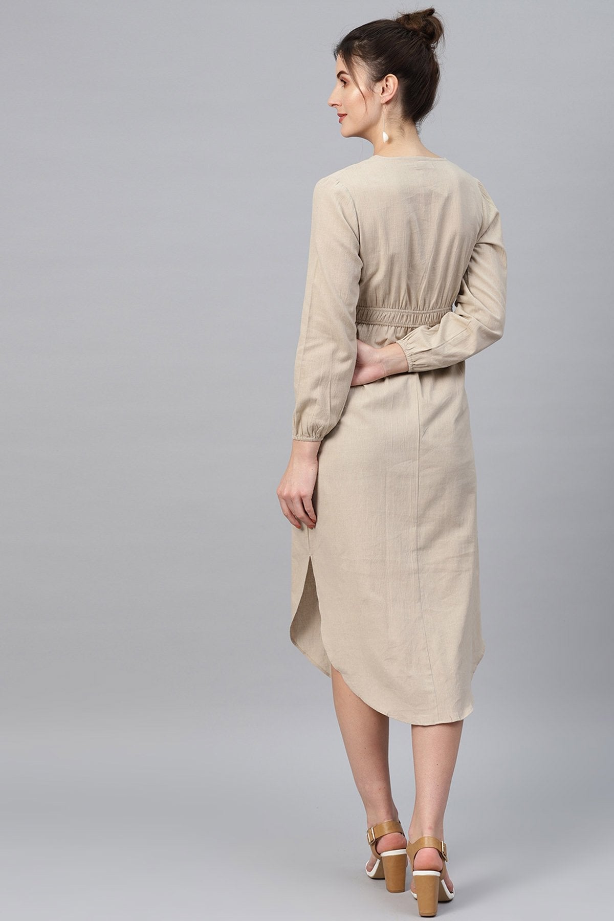 Women's Beige Wrap Front Midi - SASSAFRAS