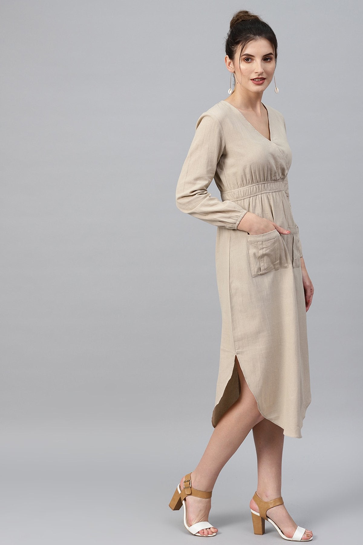 Women's Beige Wrap Front Midi - SASSAFRAS