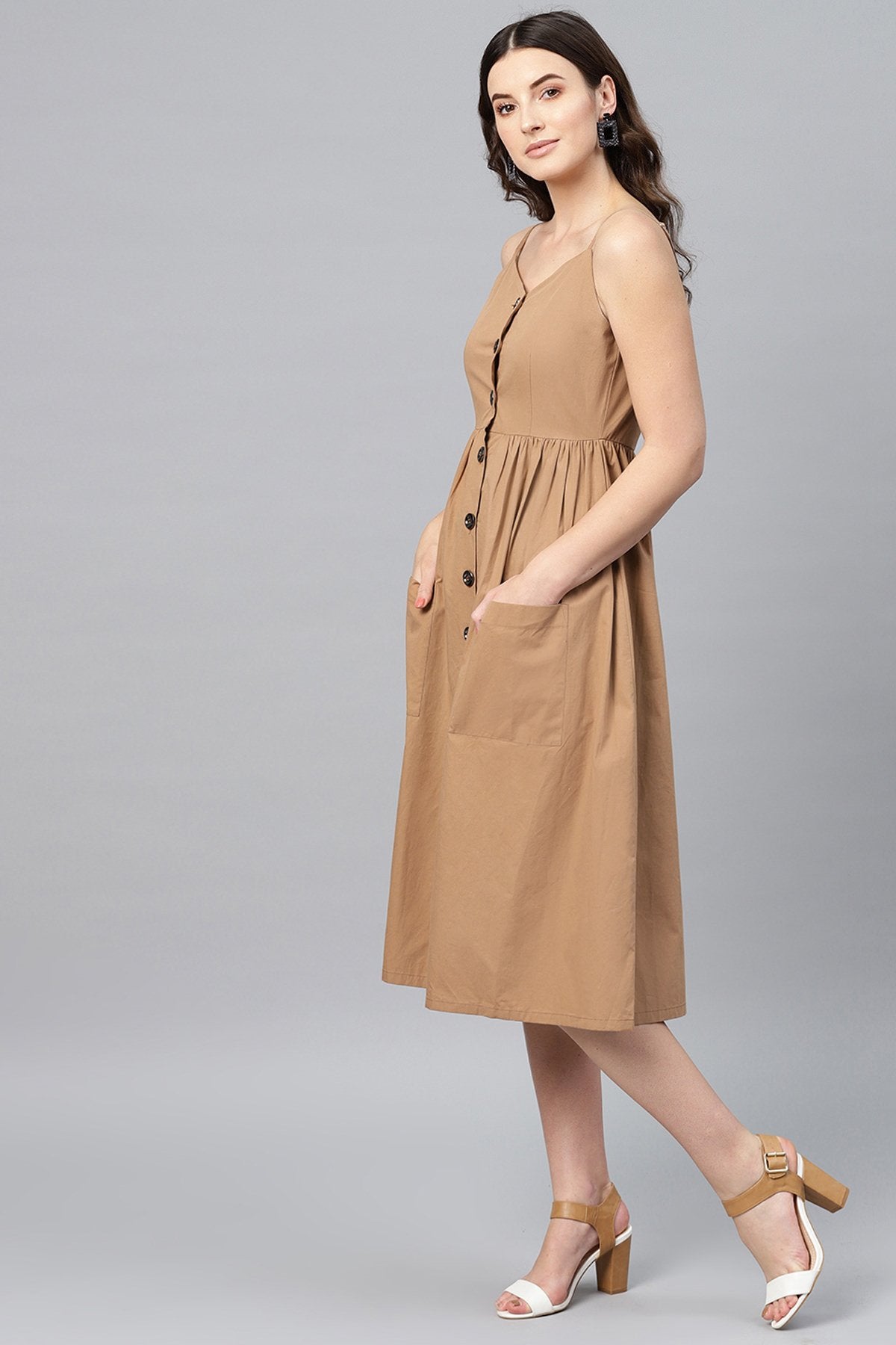 Women's Brown Front Open Strappy Dress - SASSAFRAS