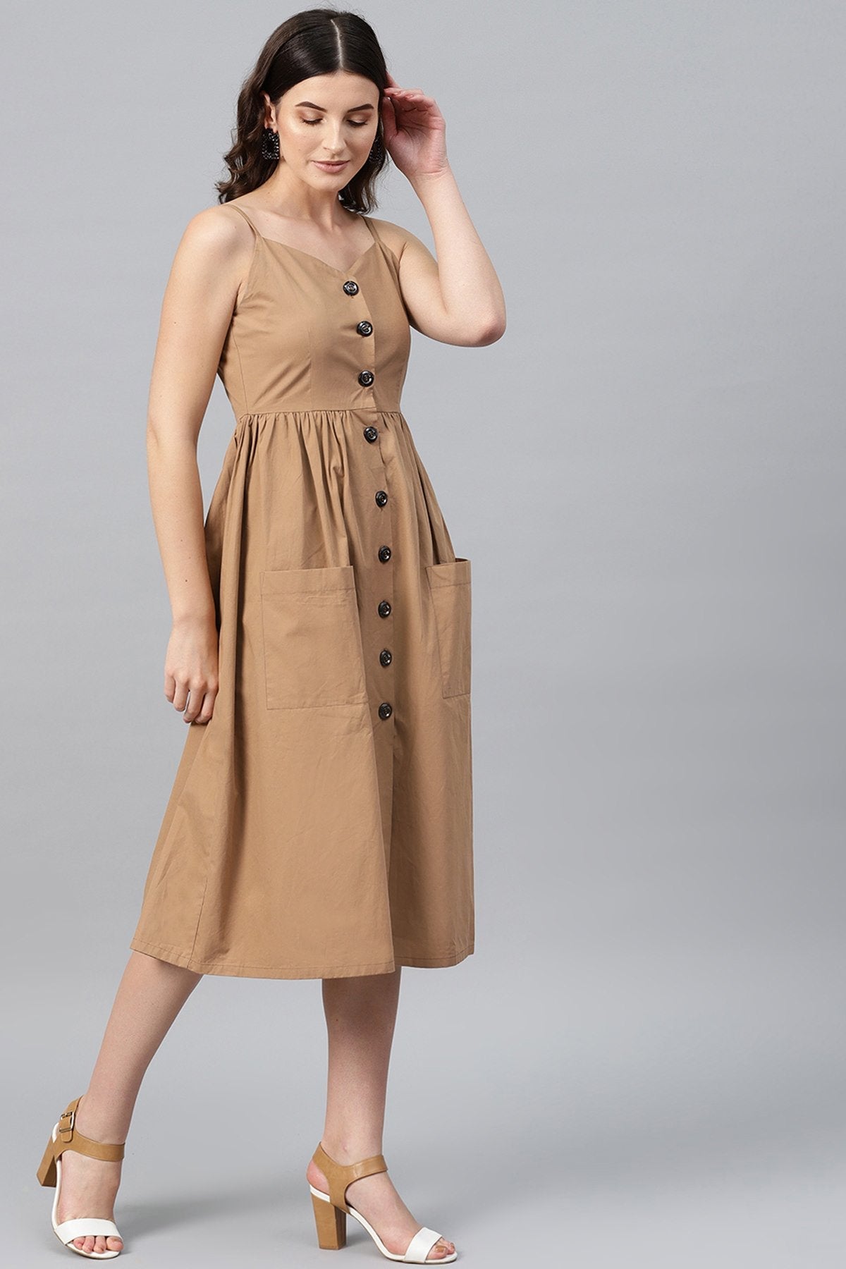 Women's Brown Front Open Strappy Dress - SASSAFRAS