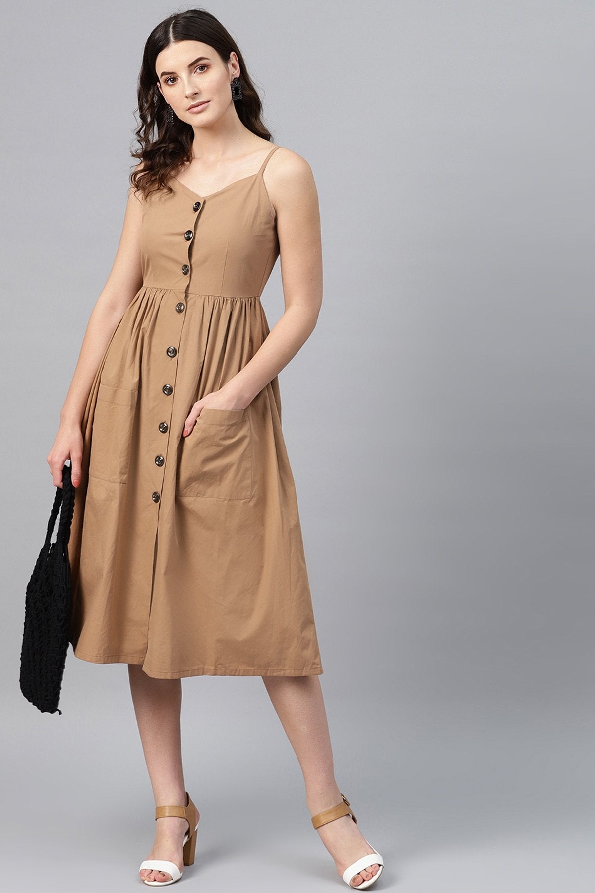 Women's Brown Front Open Strappy Dress - SASSAFRAS