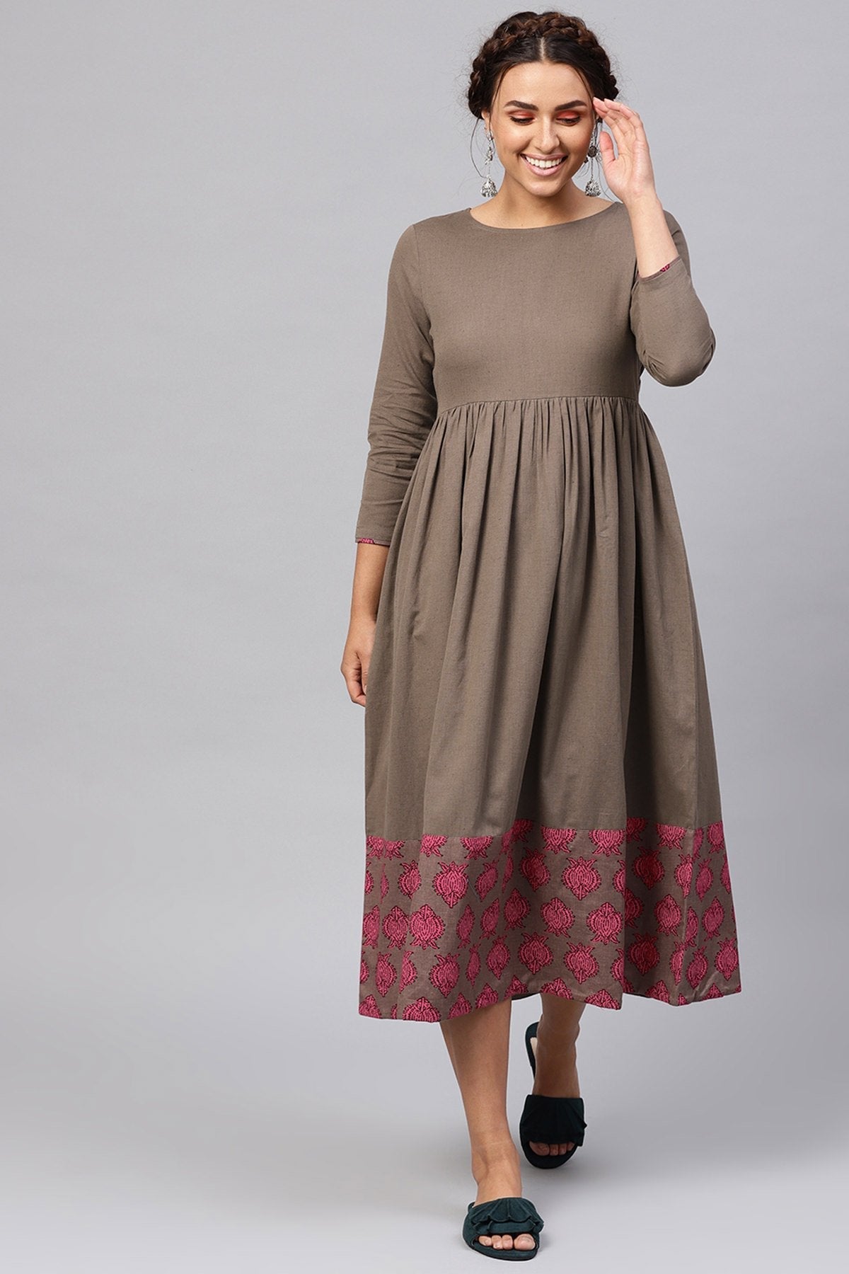 Women's Brown & Pink Big Booti Gathered Midi - SASSAFRAS