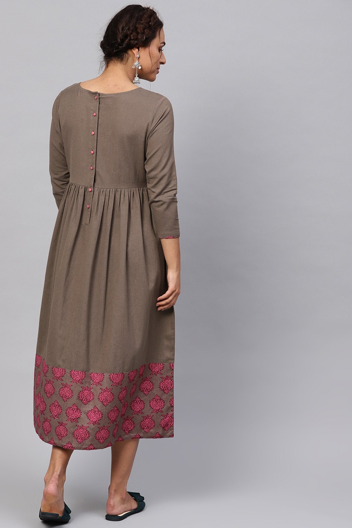 Women's Brown & Pink Big Booti Gathered Midi - SASSAFRAS