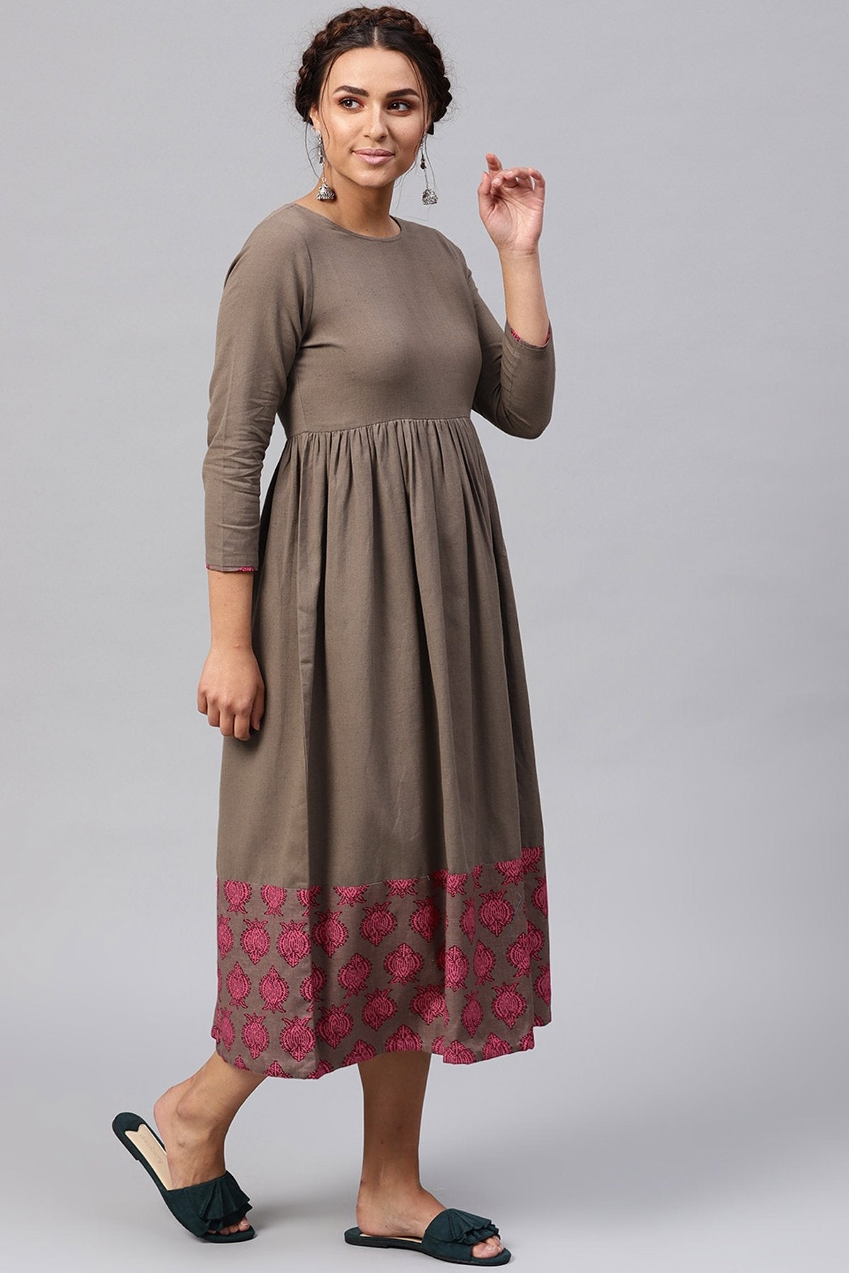 Women's Brown & Pink Big Booti Gathered Midi - SASSAFRAS