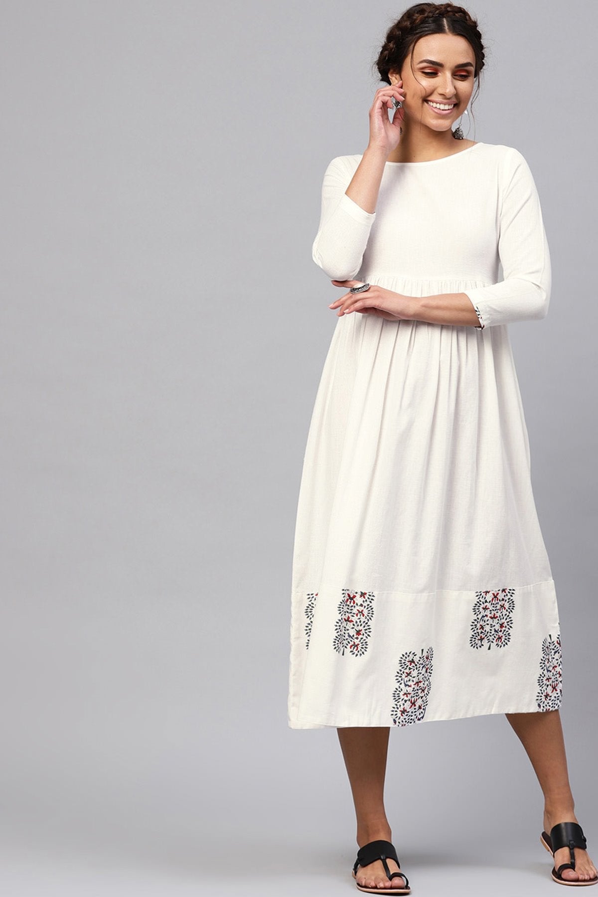 Women's White Bird Print Gathered Midi - SASSAFRAS