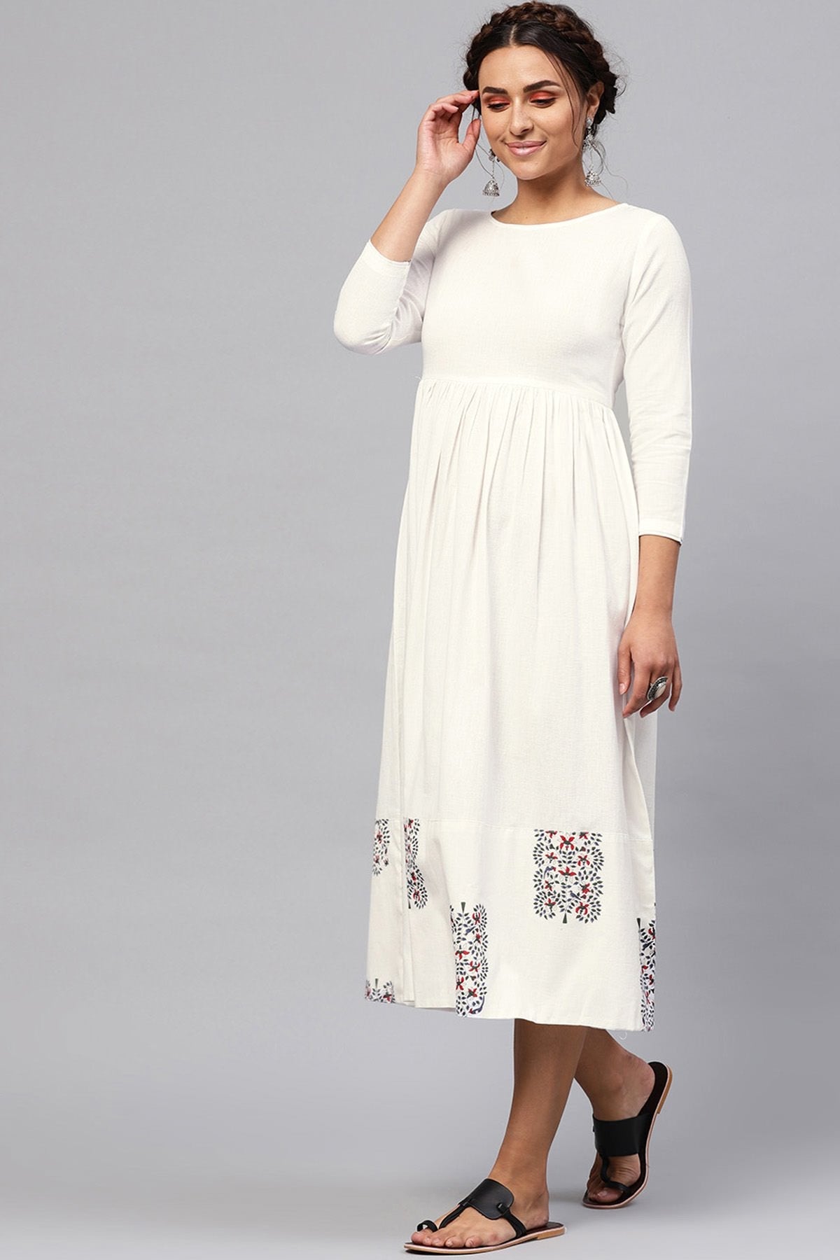 Women's White Bird Print Gathered Midi - SASSAFRAS