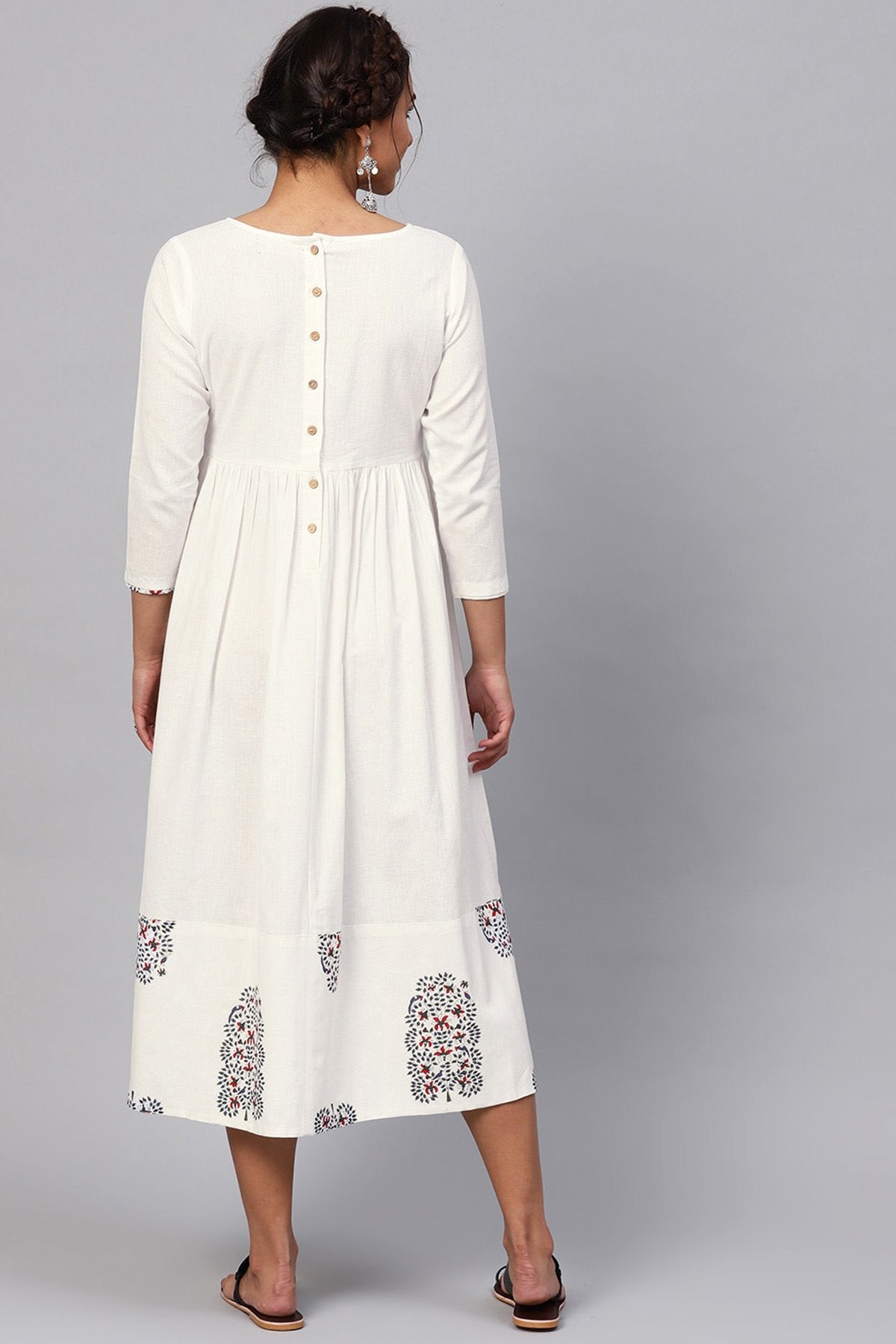 Women's White Bird Print Gathered Midi - SASSAFRAS