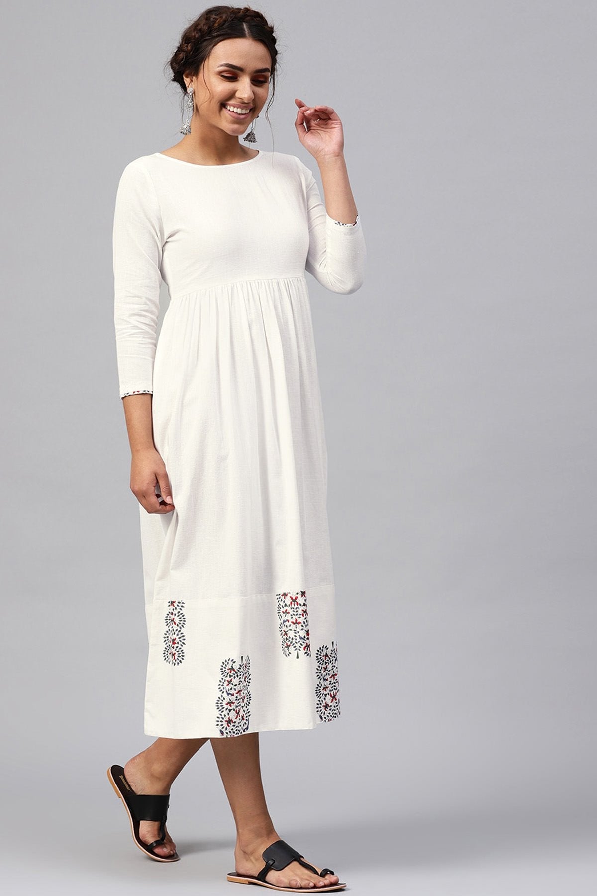 Women's White Bird Print Gathered Midi - SASSAFRAS