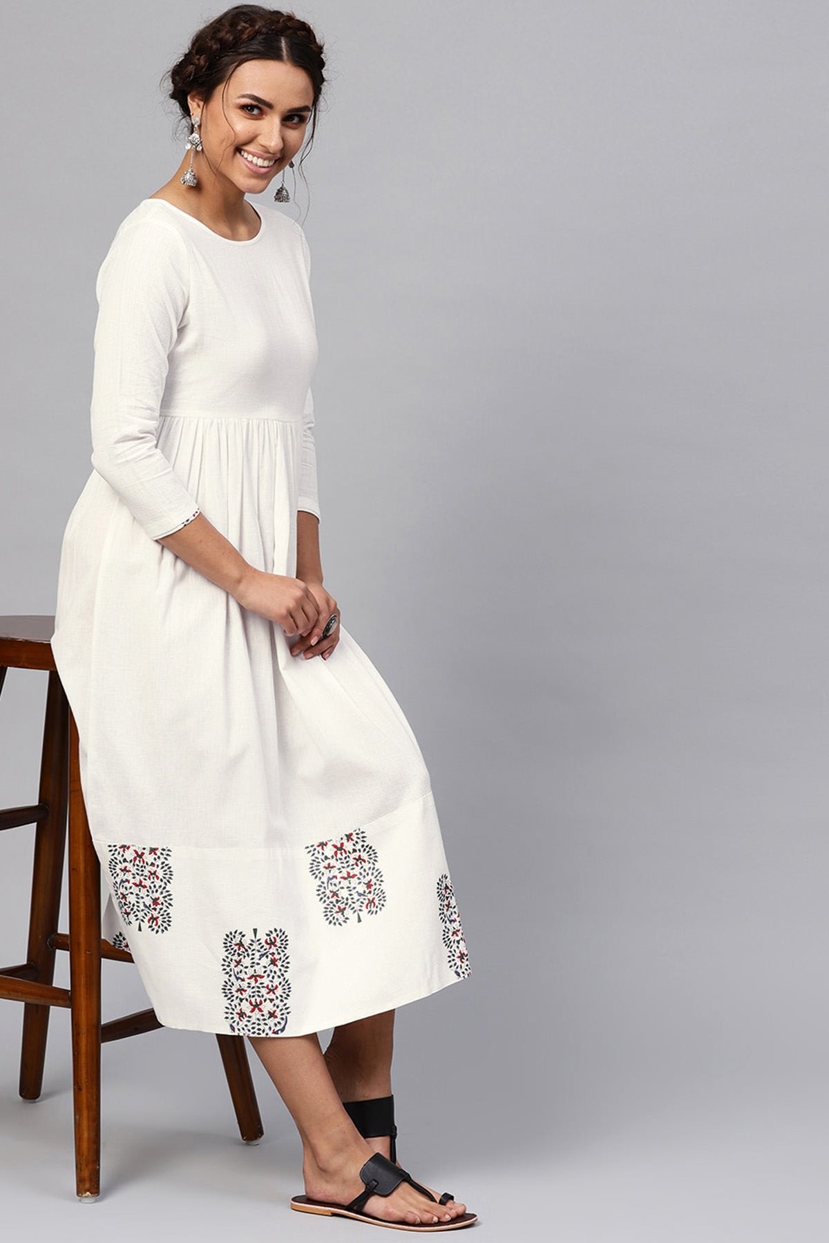 Women's White Bird Print Gathered Midi - SASSAFRAS