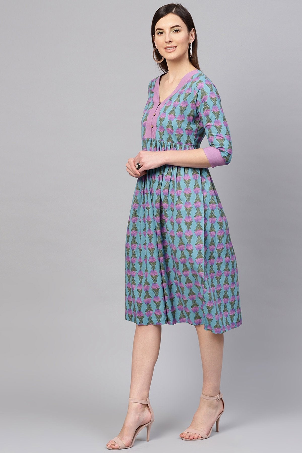 Women's Blue & Purple Tulip Print Gathered Waist Dress - SASSAFRAS