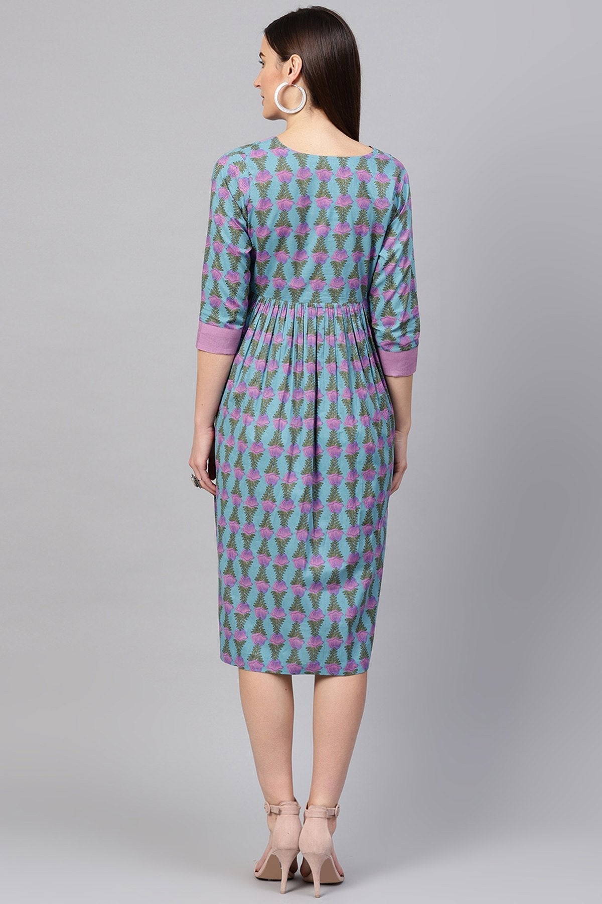 Women's Blue & Purple Tulip Print Gathered Waist Dress - SASSAFRAS