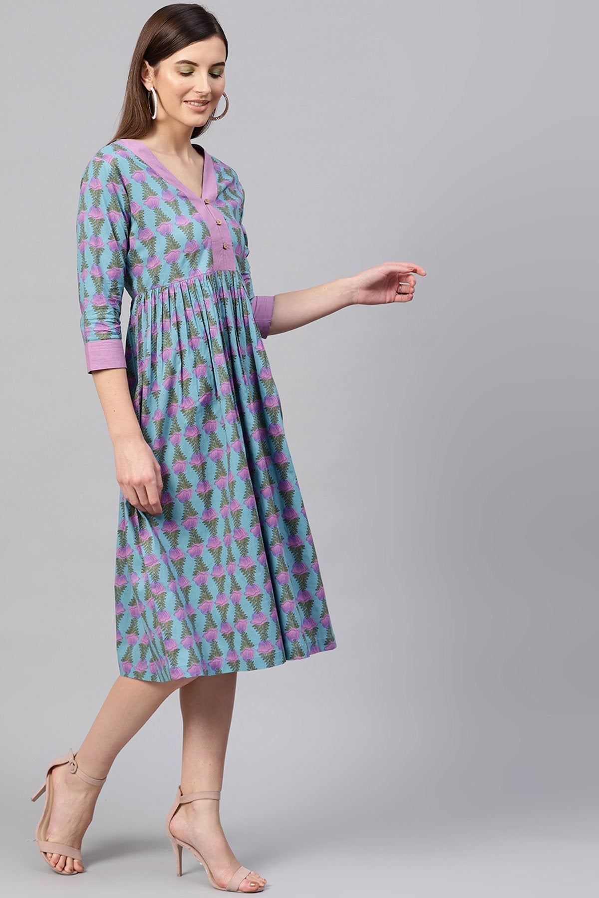 Women's Blue & Purple Tulip Print Gathered Waist Dress - SASSAFRAS