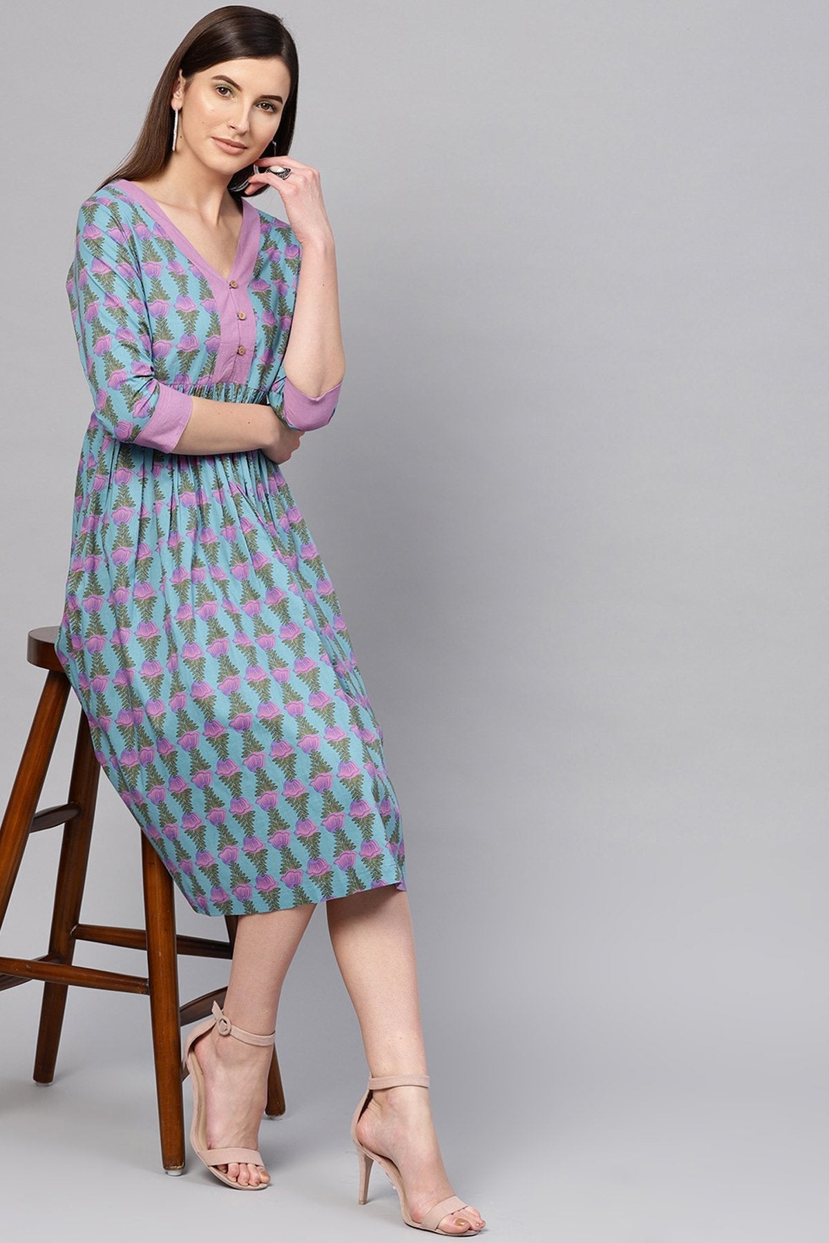 Women's Blue & Purple Tulip Print Gathered Waist Dress - SASSAFRAS