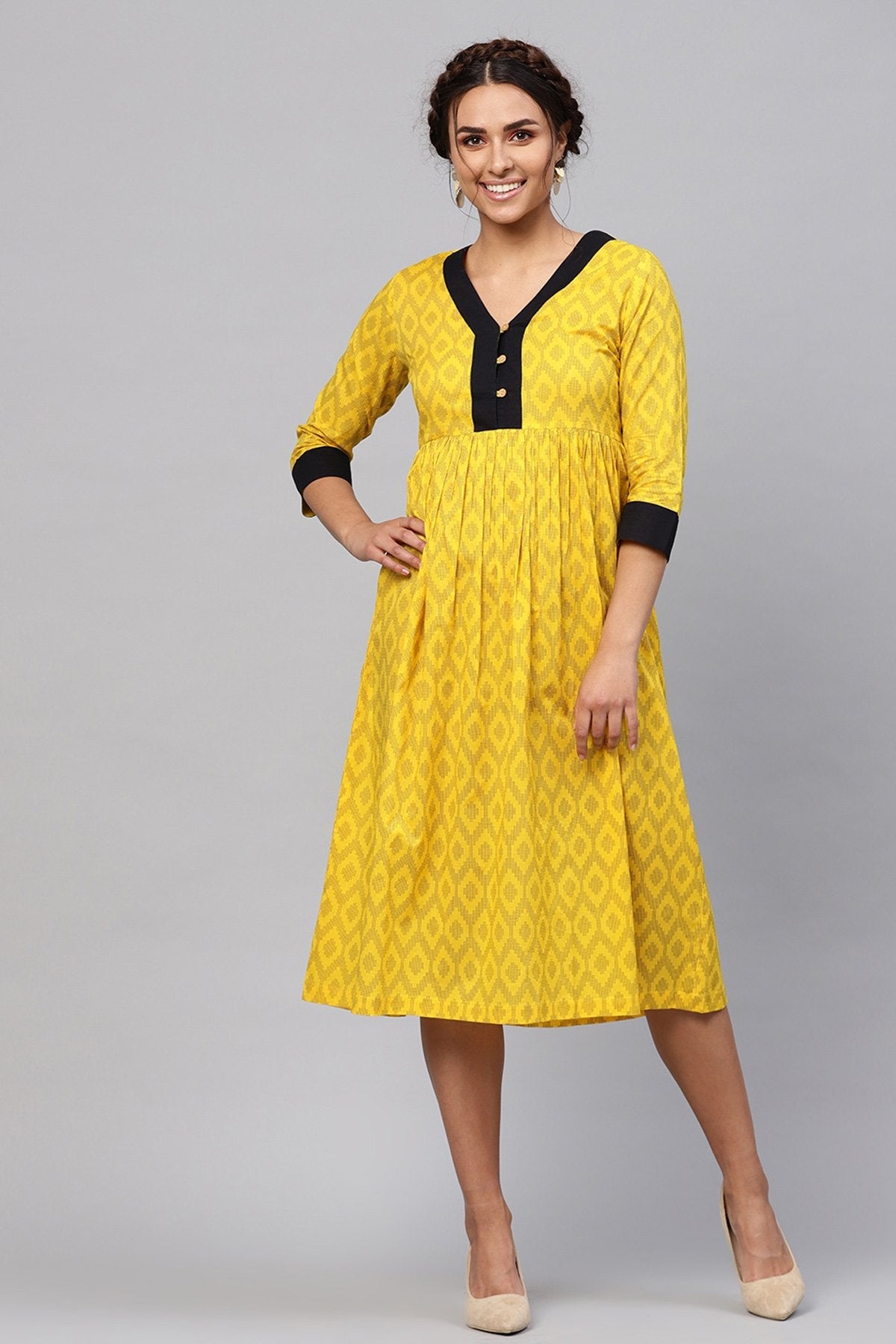 Women's Black & Yellow Ikat Gathered Waist Dress - SASSAFRAS