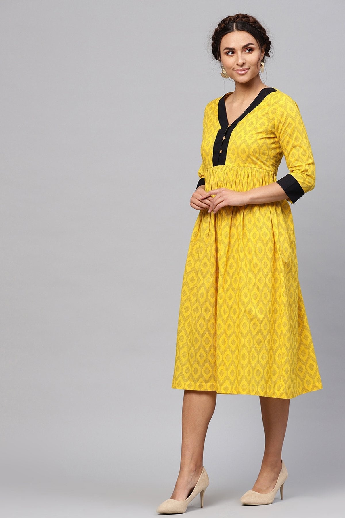 Women's Black & Yellow Ikat Gathered Waist Dress - SASSAFRAS