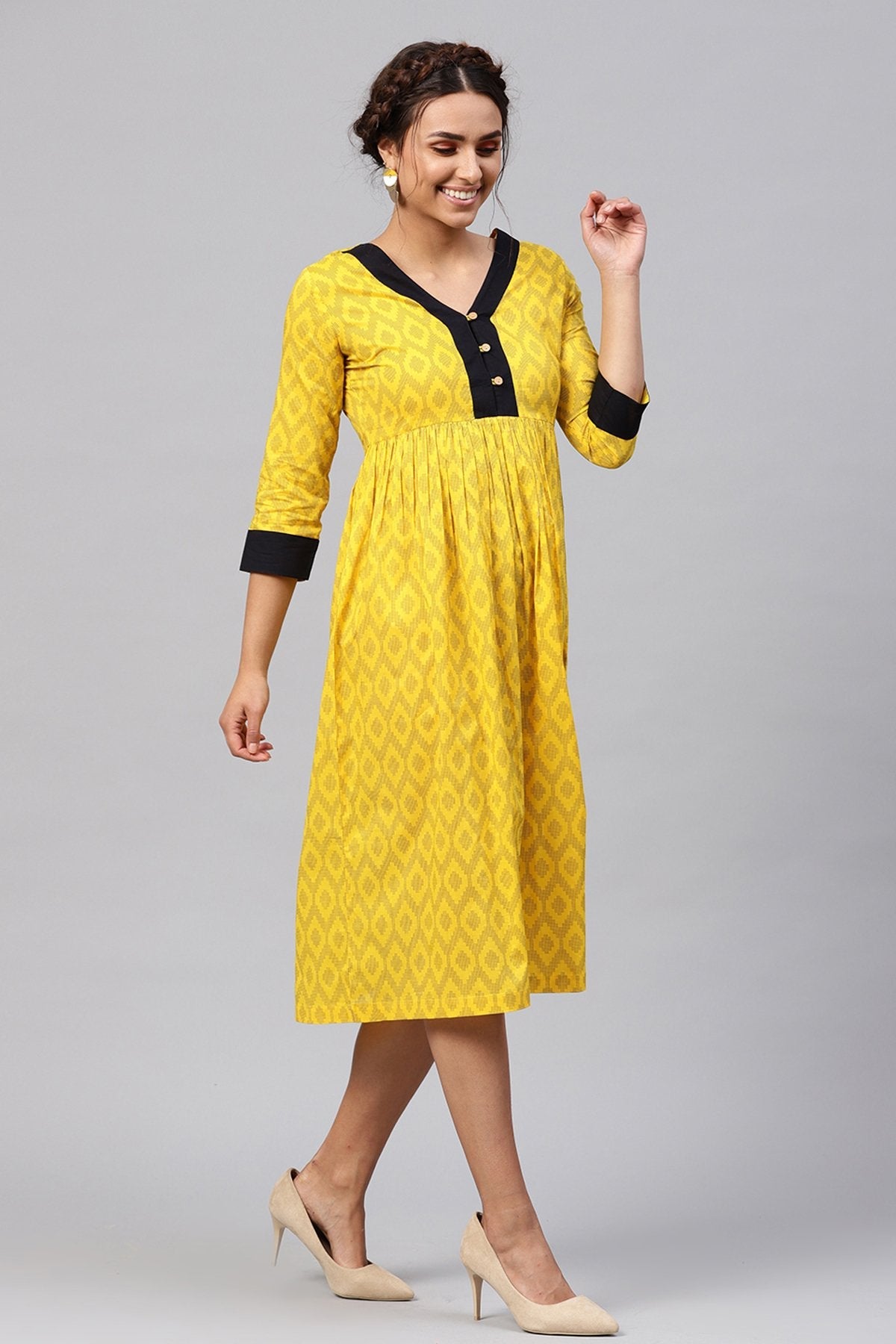 Women's Black & Yellow Ikat Gathered Waist Dress - SASSAFRAS