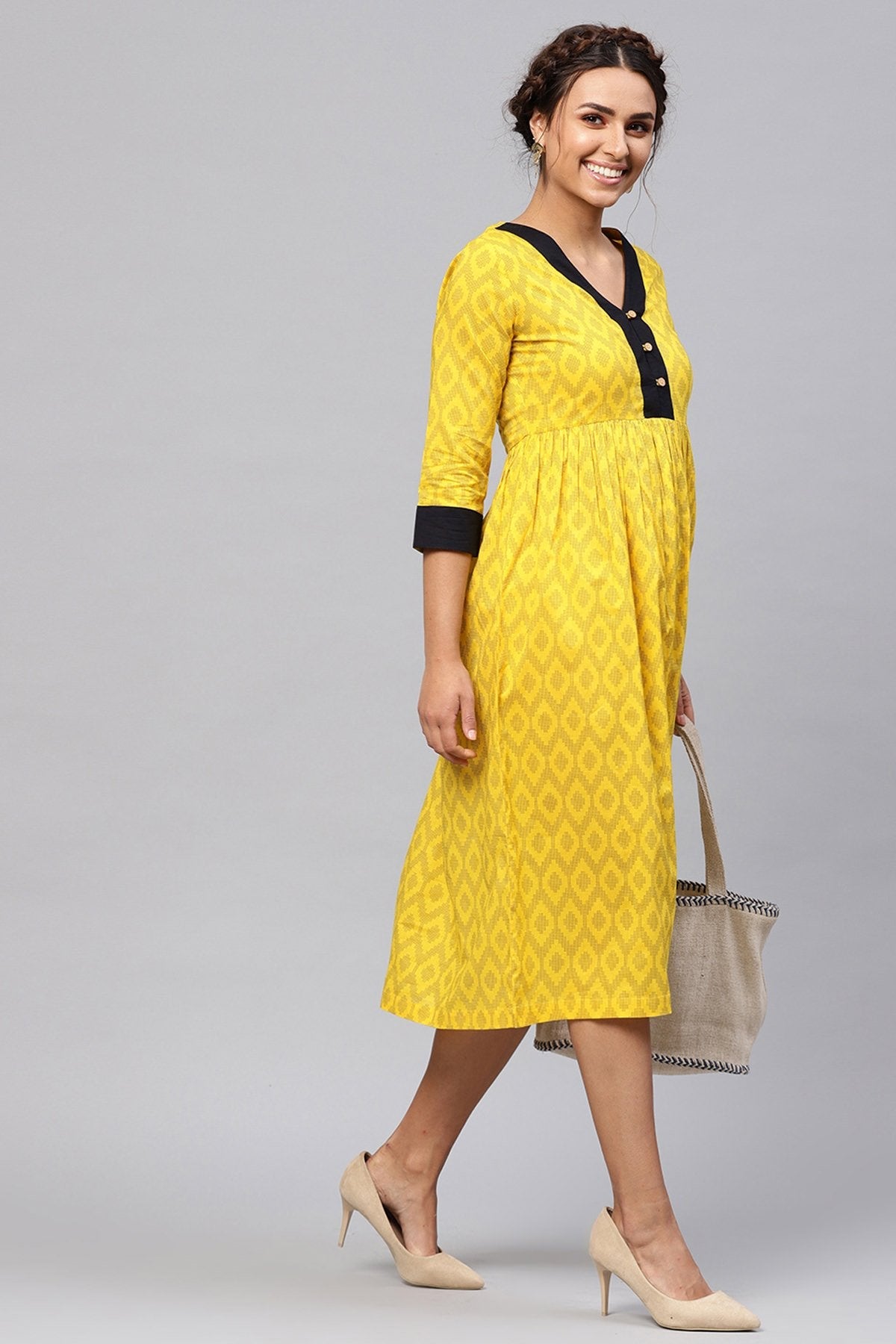 Women's Black & Yellow Ikat Gathered Waist Dress - SASSAFRAS