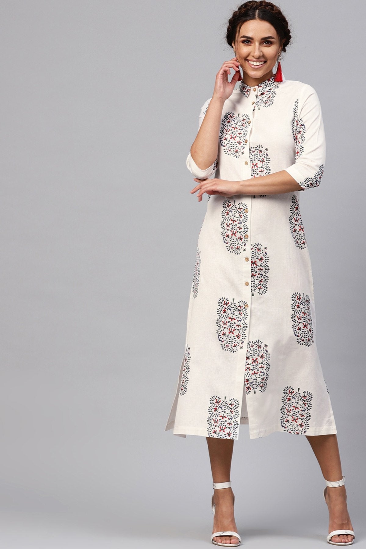 Women's White Bird Print Collared Shirt Maxi - SASSAFRAS