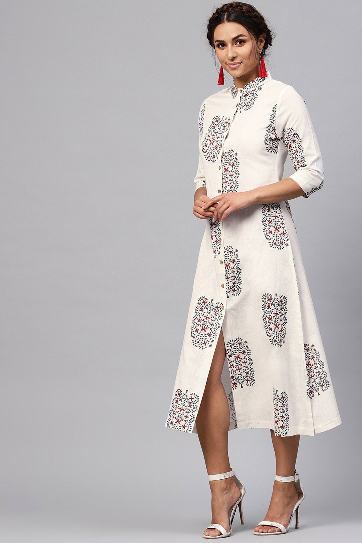 Women's White Bird Print Collared Shirt Maxi - SASSAFRAS