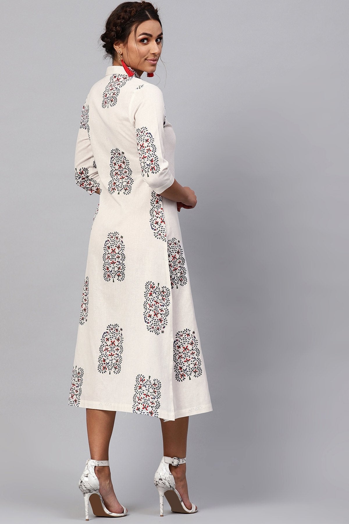 Women's White Bird Print Collared Shirt Maxi - SASSAFRAS