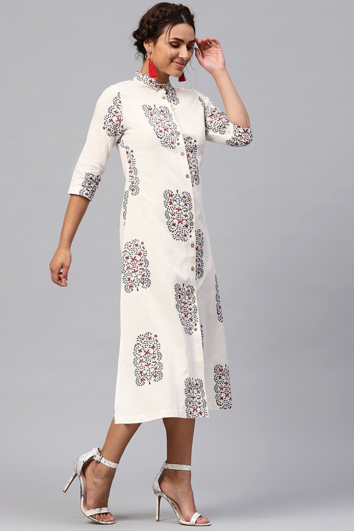 Women's White Bird Print Collared Shirt Maxi - SASSAFRAS