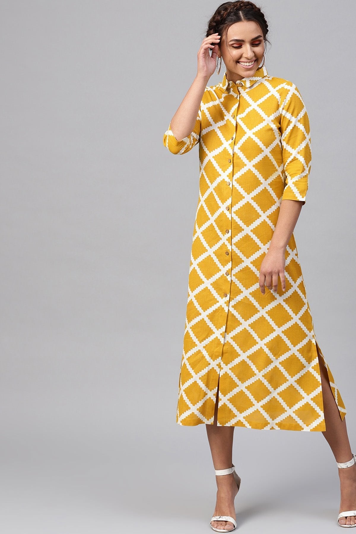 Women's Yellow & White Diamond Collared Shirt Maxi - SASSAFRAS