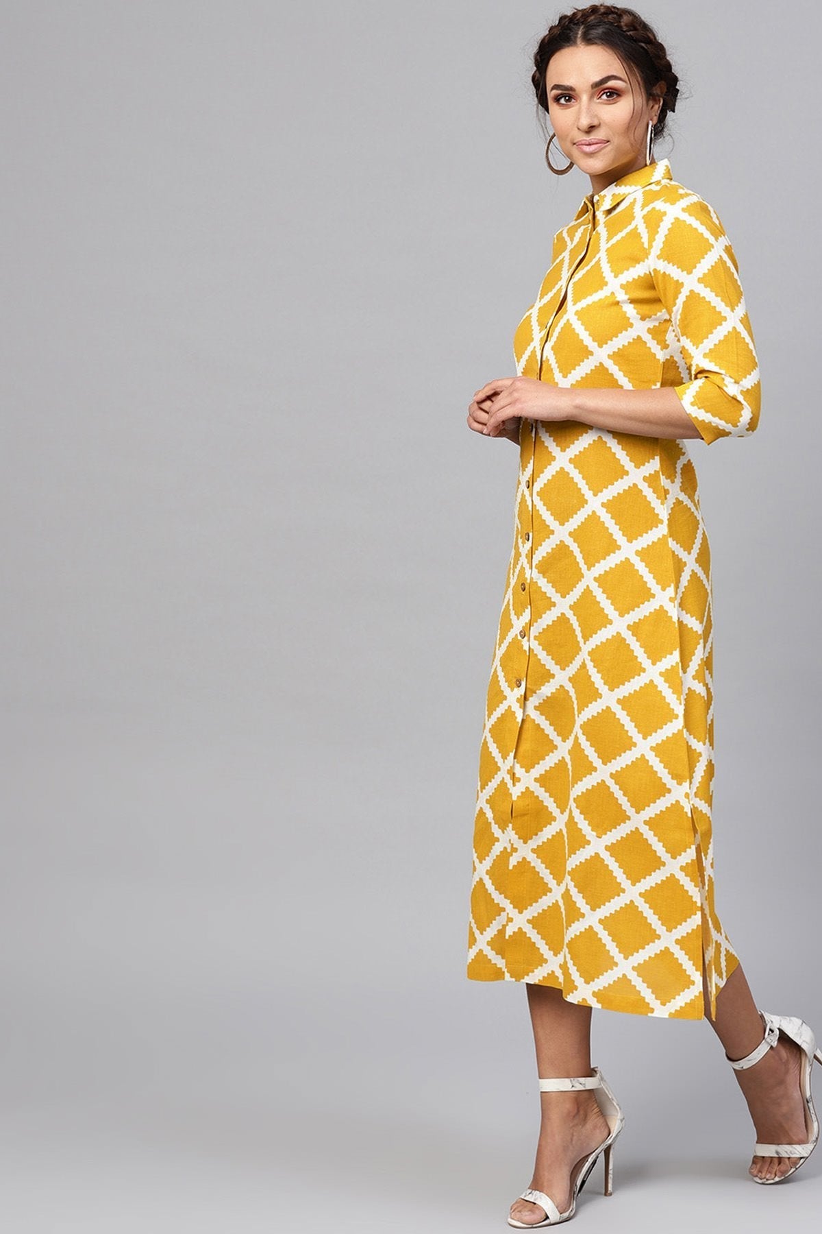 Women's Yellow & White Diamond Collared Shirt Maxi - SASSAFRAS