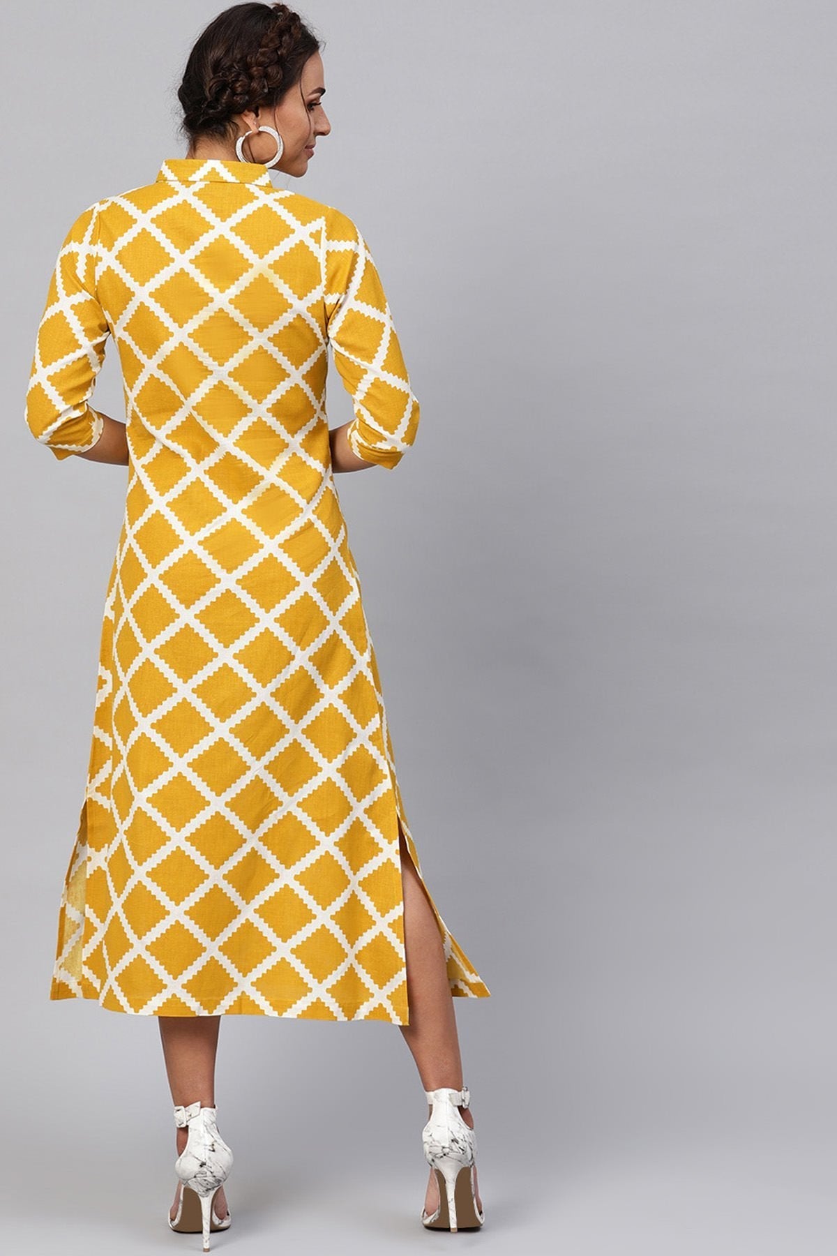 Women's Yellow & White Diamond Collared Shirt Maxi - SASSAFRAS