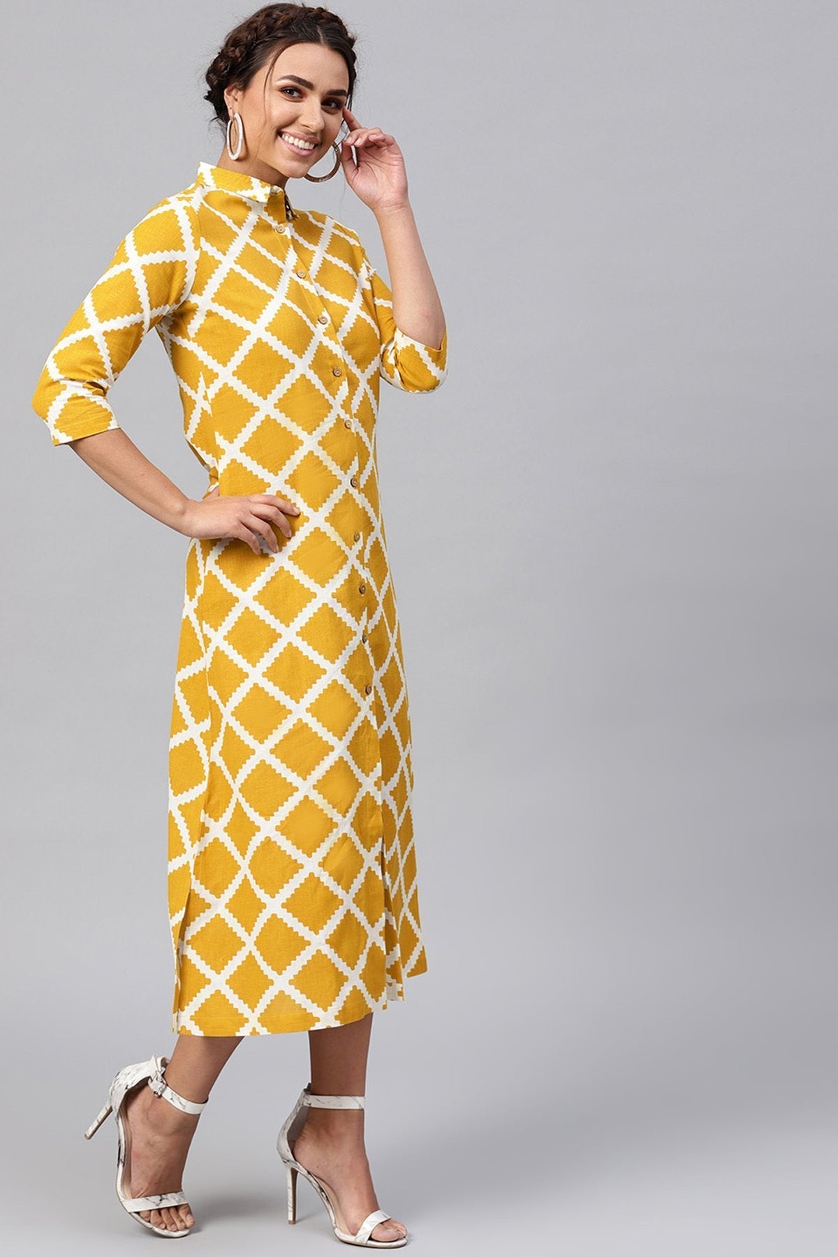 Women's Yellow & White Diamond Collared Shirt Maxi - SASSAFRAS