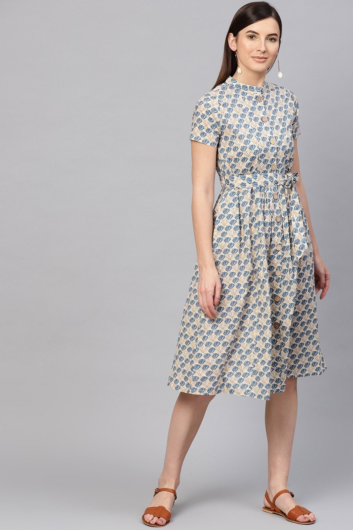 Women's Beige & Blue Floral Tie-Up Flared Midi - SASSAFRAS