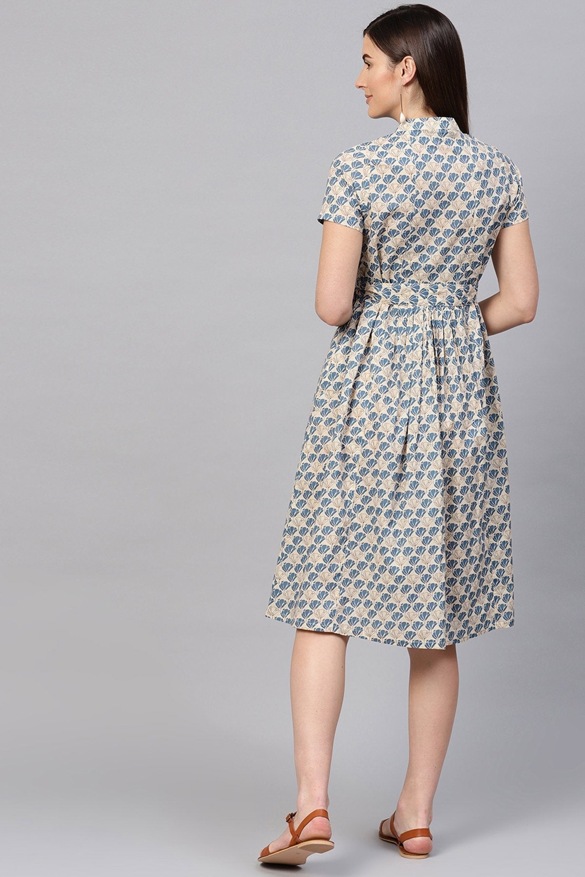 Women's Beige & Blue Floral Tie-Up Flared Midi - SASSAFRAS