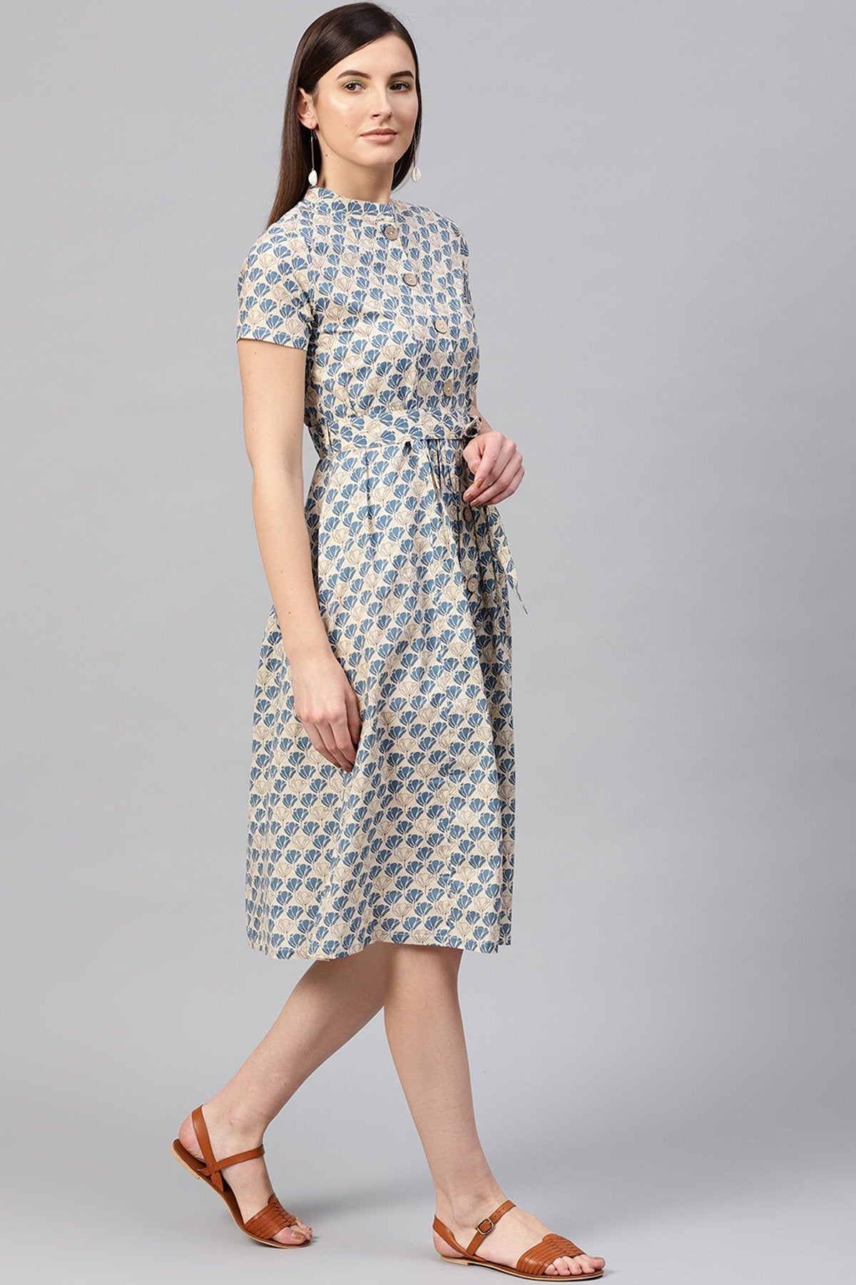 Women's Beige & Blue Floral Tie-Up Flared Midi - SASSAFRAS