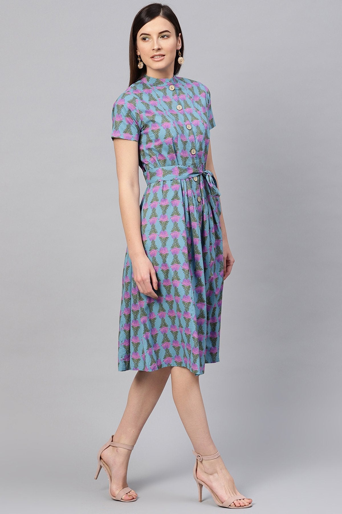 Women's Blue & Purple Tulip Tie-Up Flared Midi - SASSAFRAS