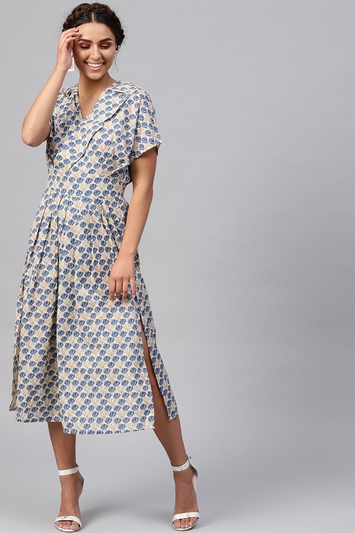 Women's Beige & Blue Floral Collared Midi - SASSAFRAS