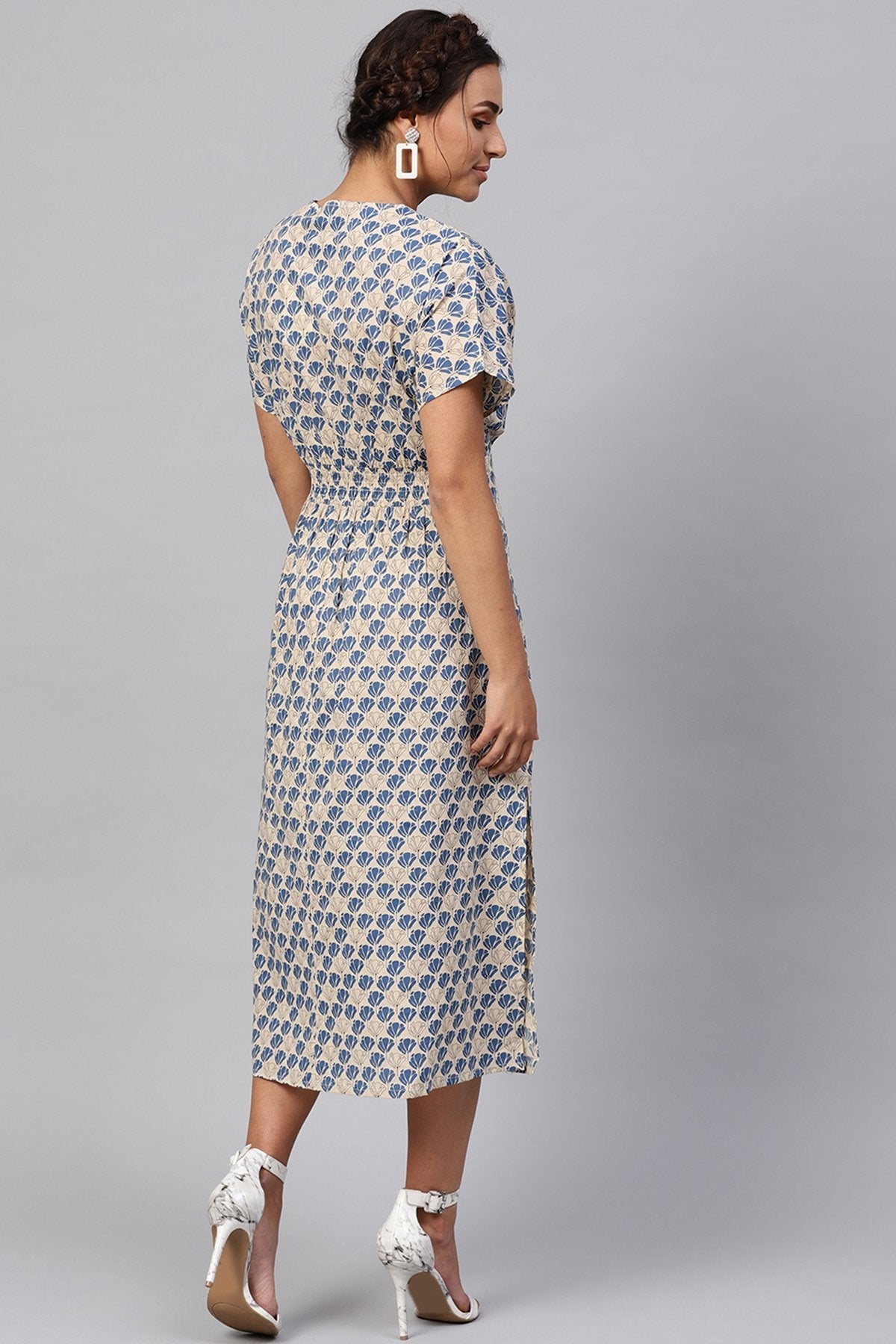 Women's Beige & Blue Floral Collared Midi - SASSAFRAS