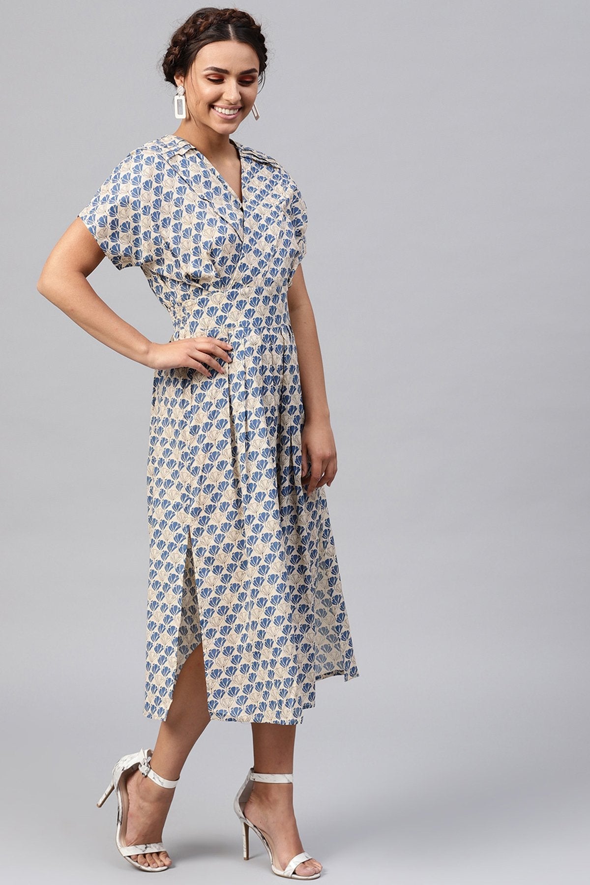 Women's Beige & Blue Floral Collared Midi - SASSAFRAS