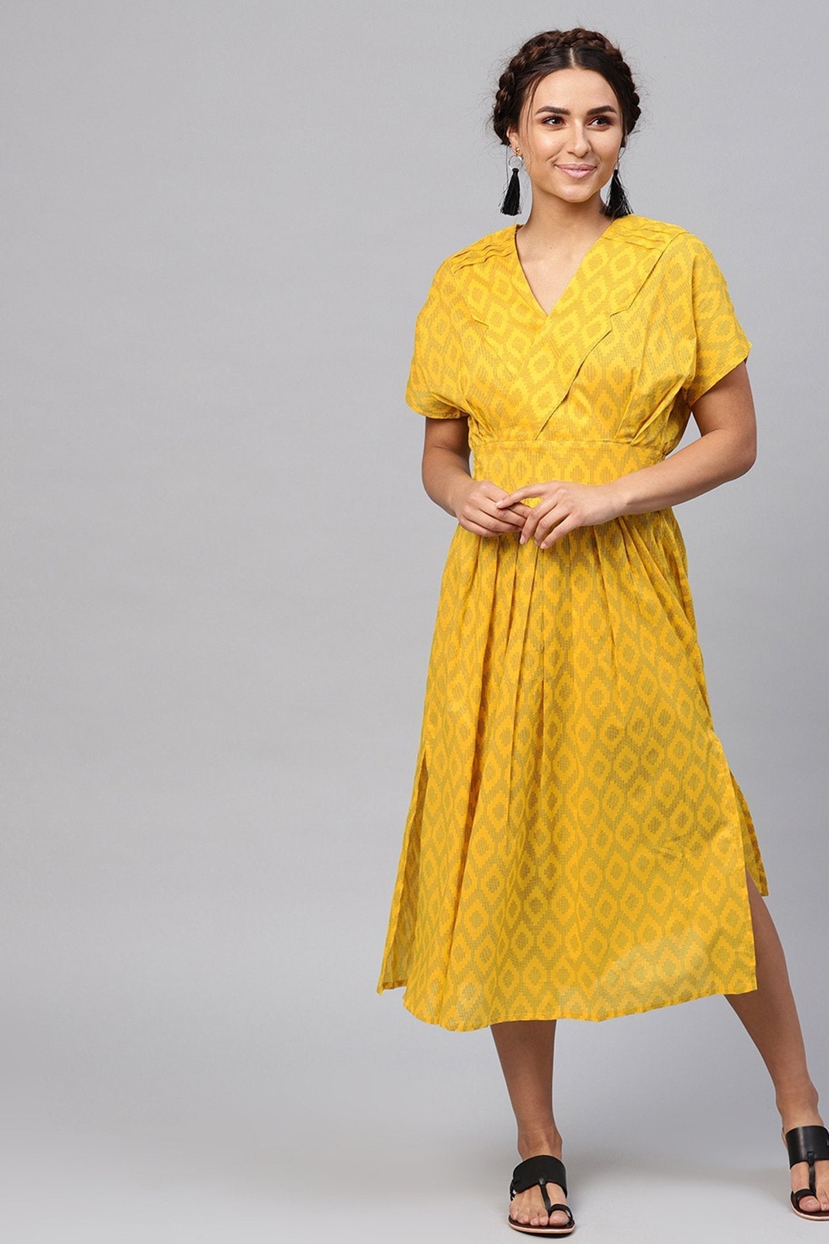 Women's Black & Yellow Ikat Collared Midi - SASSAFRAS