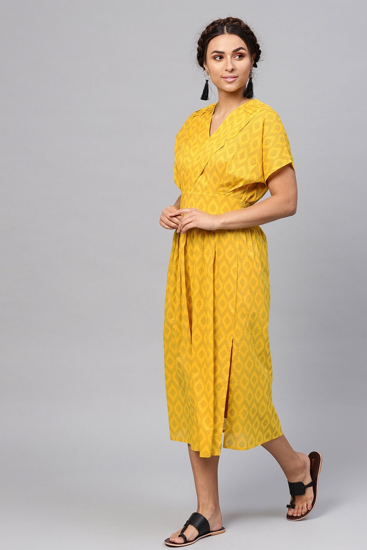 Women's Black & Yellow Ikat Collared Midi - SASSAFRAS