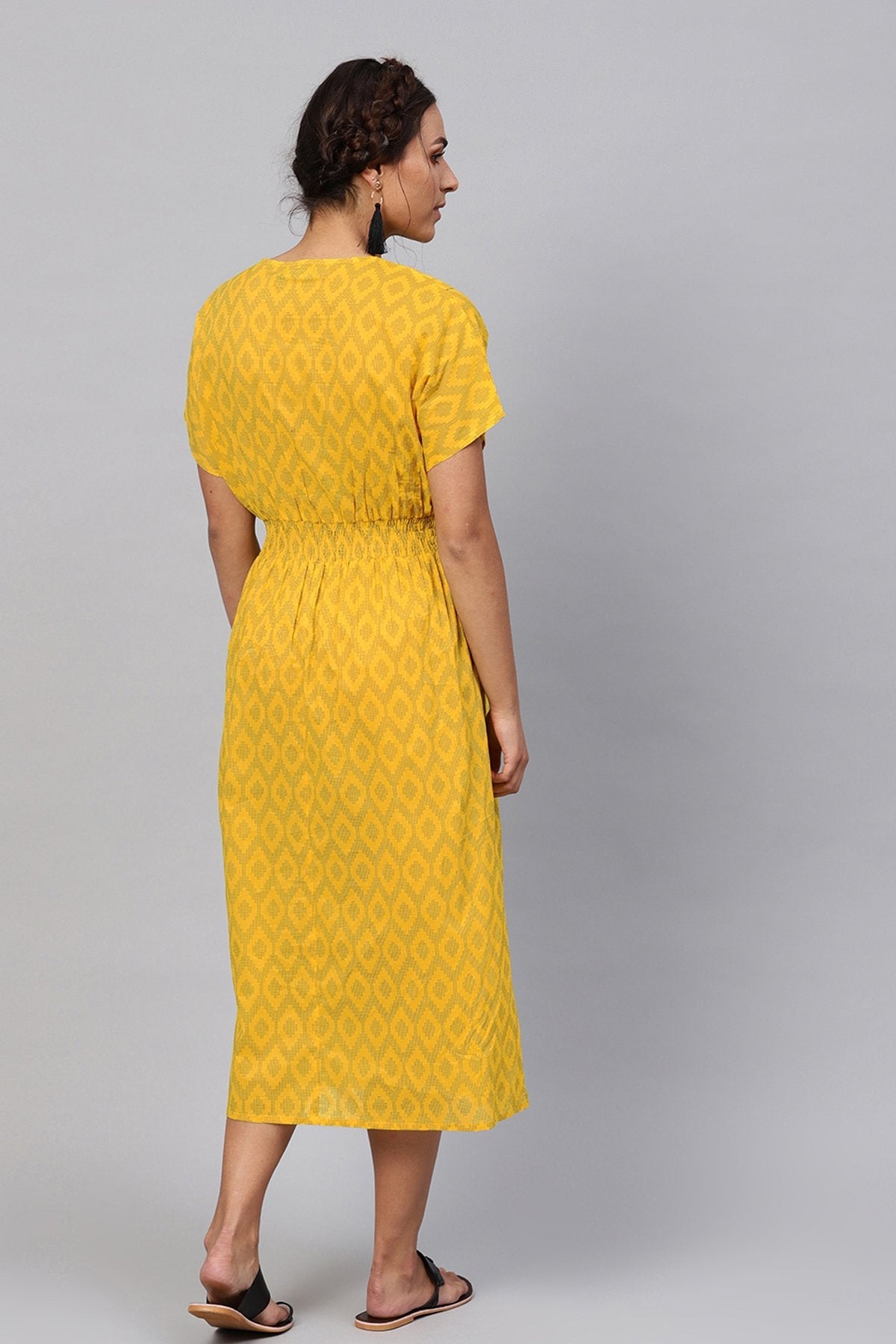 Women's Black & Yellow Ikat Collared Midi - SASSAFRAS