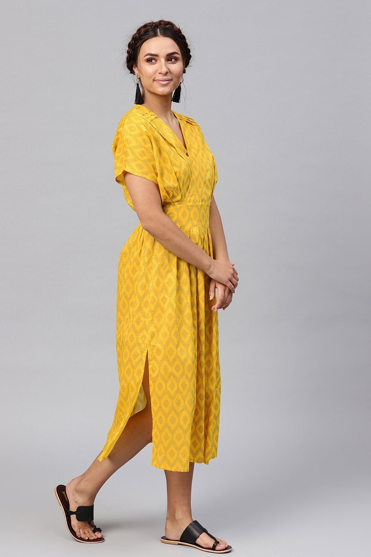 Women's Black & Yellow Ikat Collared Midi - SASSAFRAS