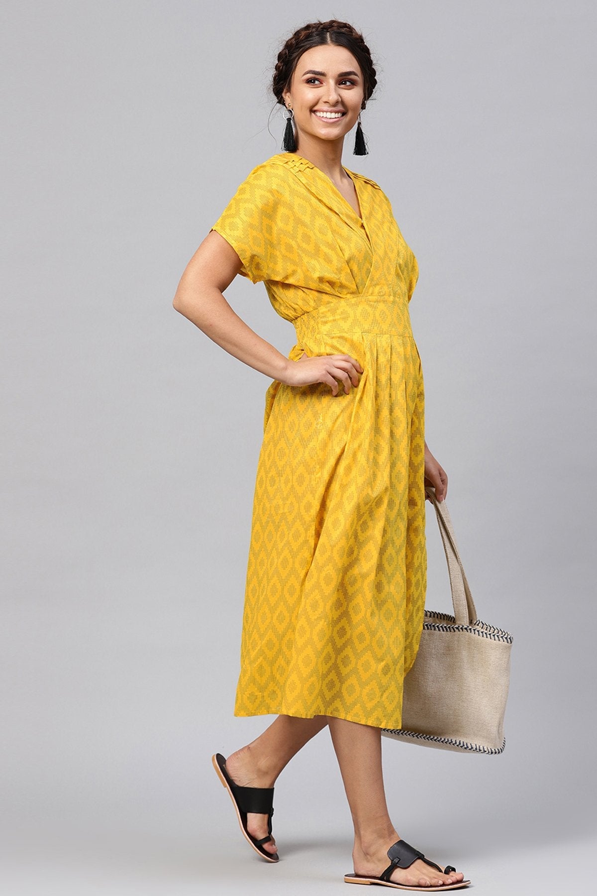 Women's Black & Yellow Ikat Collared Midi - SASSAFRAS