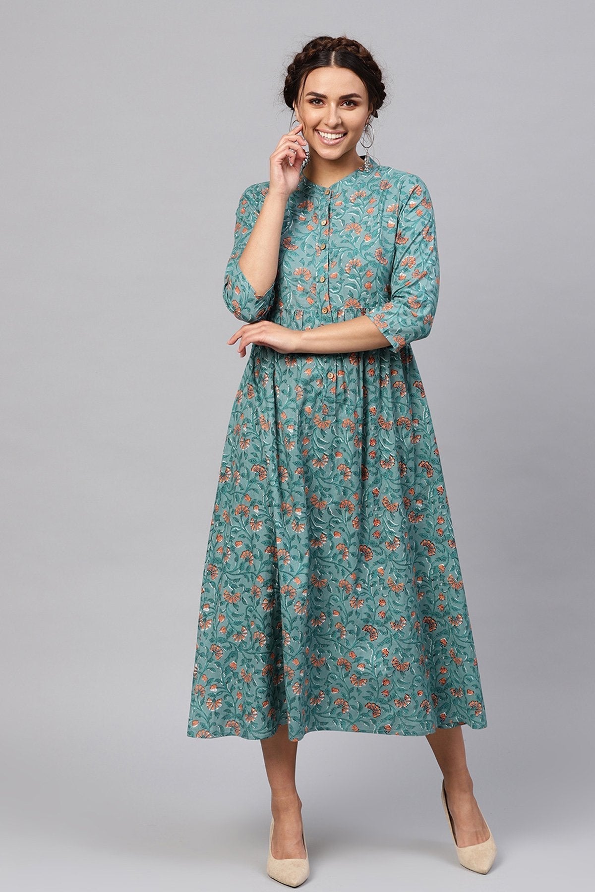 Women's Blue Floral Gathered Waist Dress - SASSAFRAS