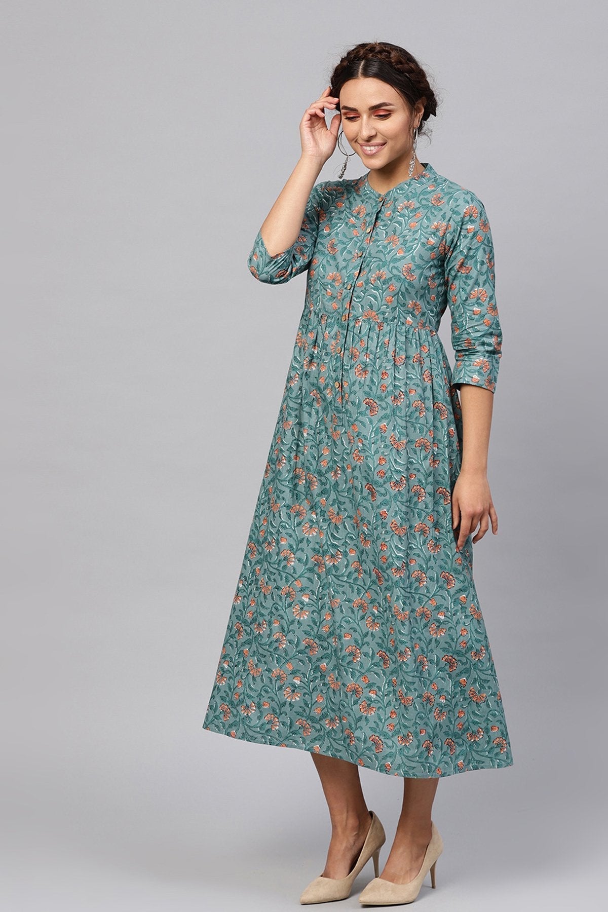 Women's Blue Floral Gathered Waist Dress - SASSAFRAS