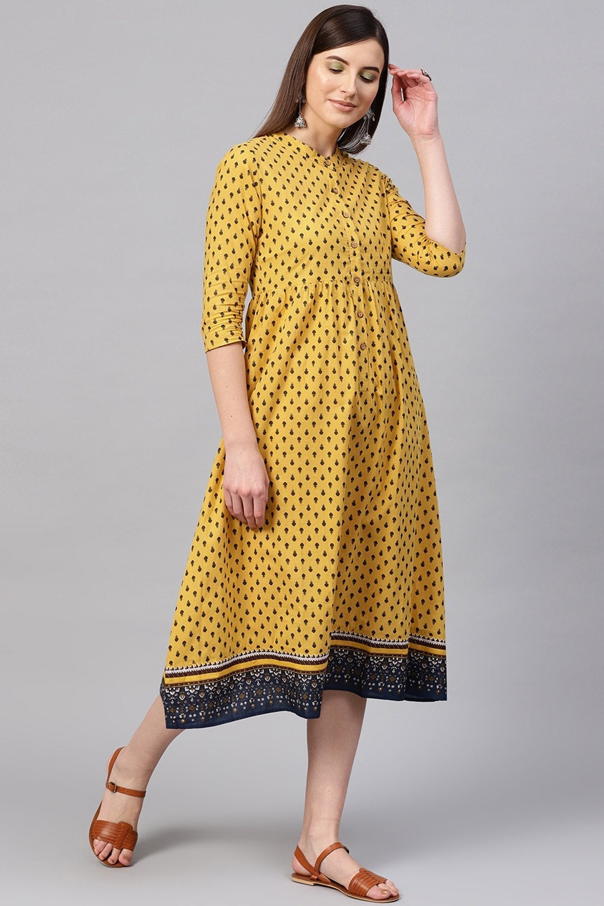 Women's Yellow & Navy Booti Gathered Waist Dress - SASSAFRAS