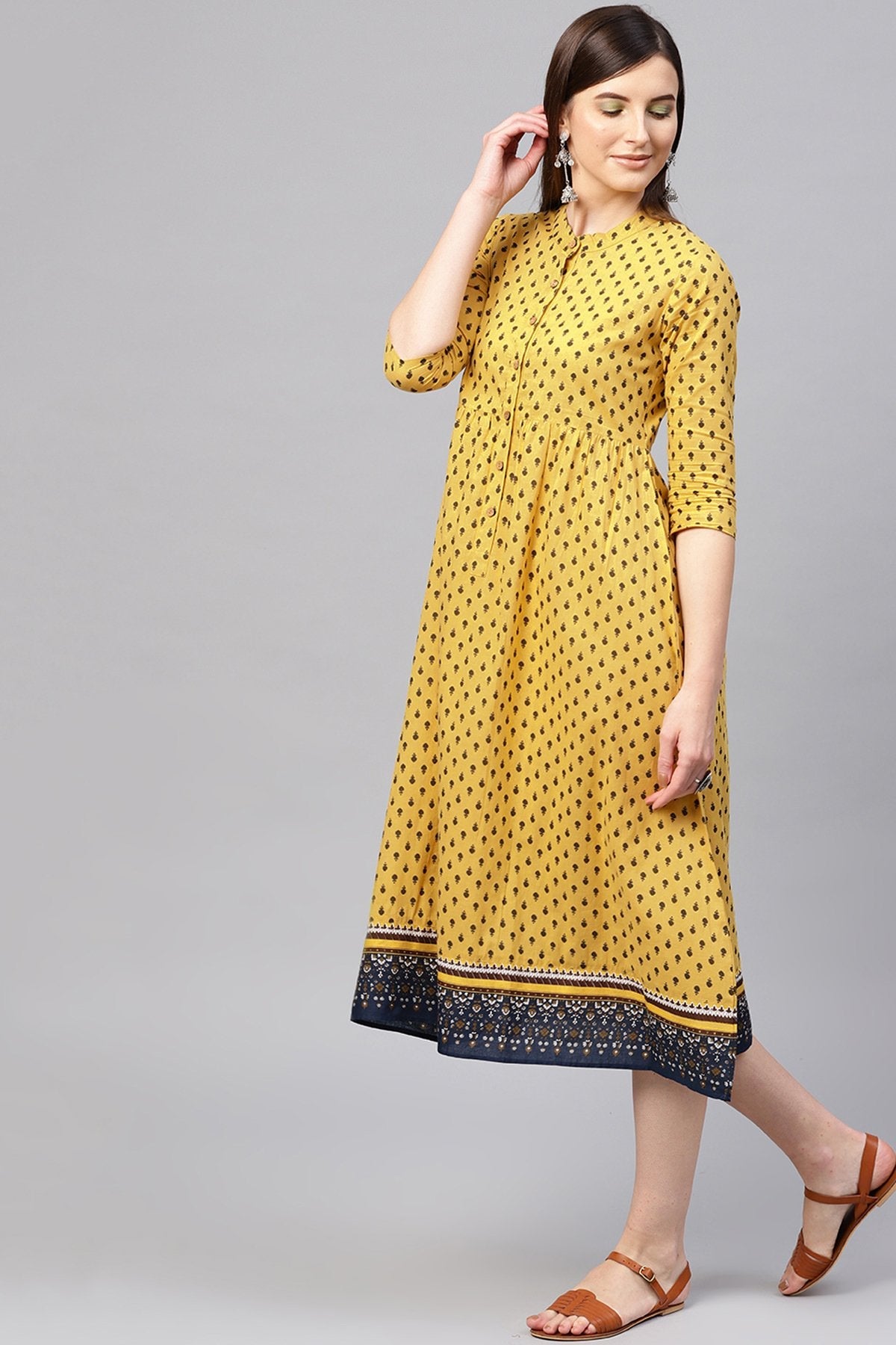 Women's Yellow & Navy Booti Gathered Waist Dress - SASSAFRAS