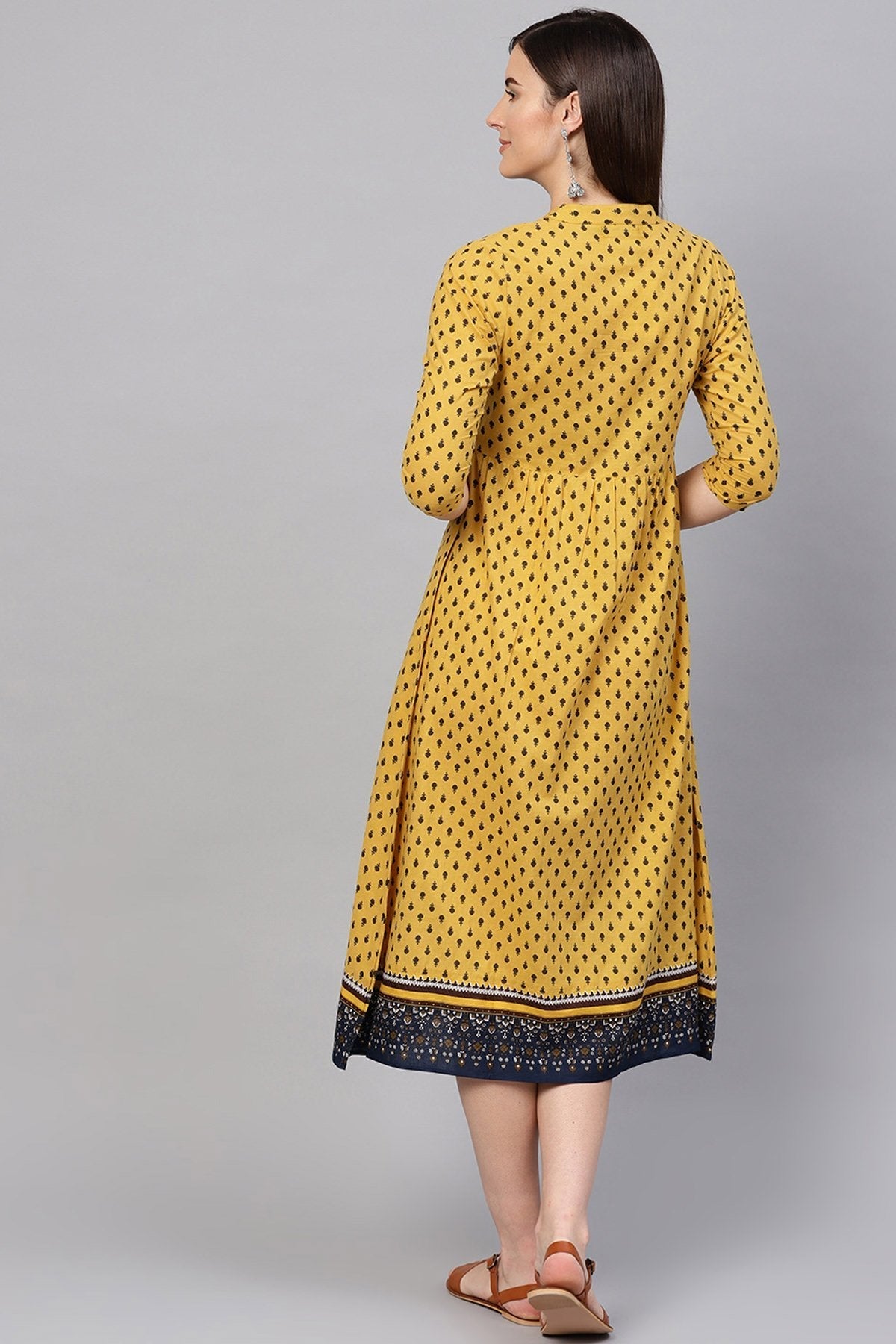 Women's Yellow & Navy Booti Gathered Waist Dress - SASSAFRAS