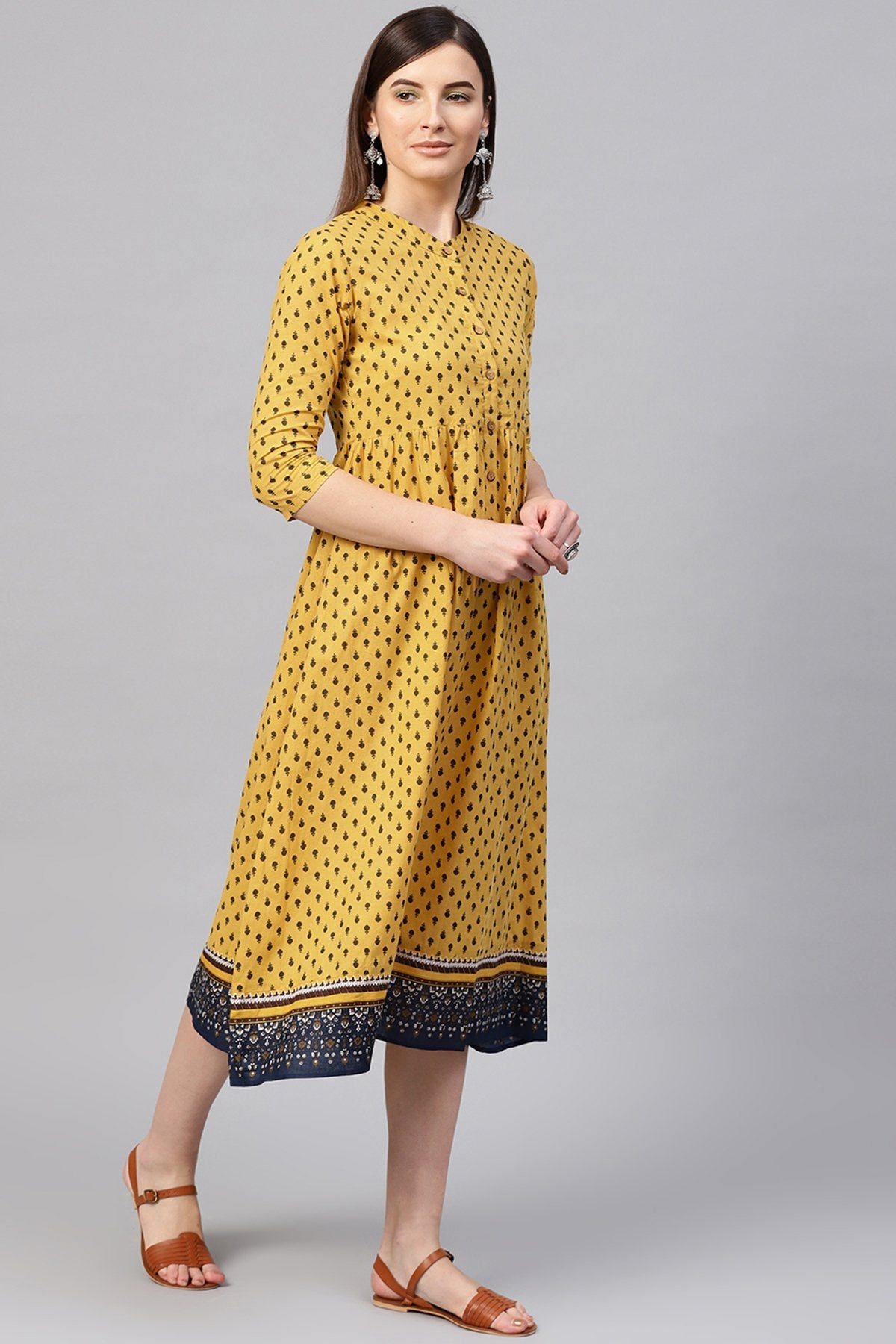 Women's Yellow & Navy Booti Gathered Waist Dress - SASSAFRAS