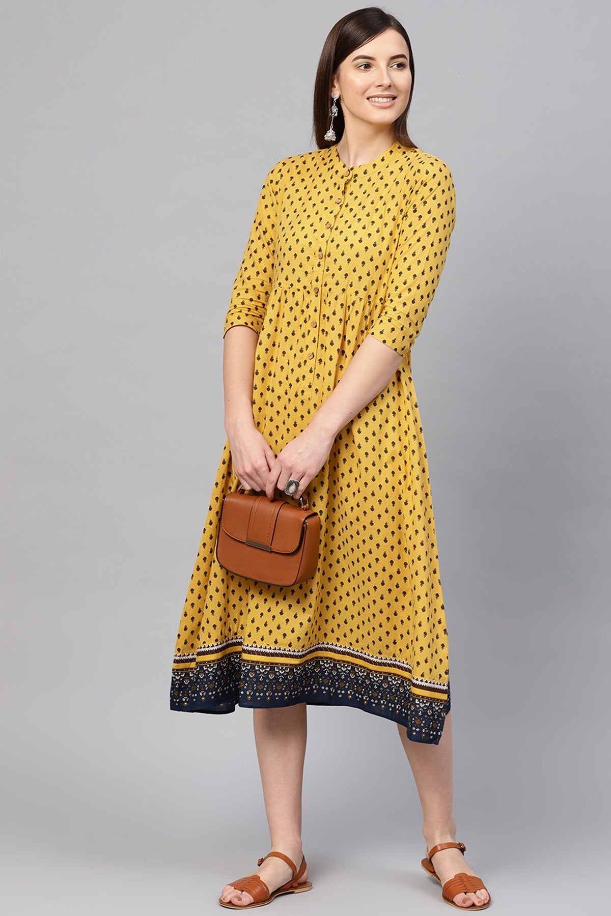 Women's Yellow & Navy Booti Gathered Waist Dress - SASSAFRAS