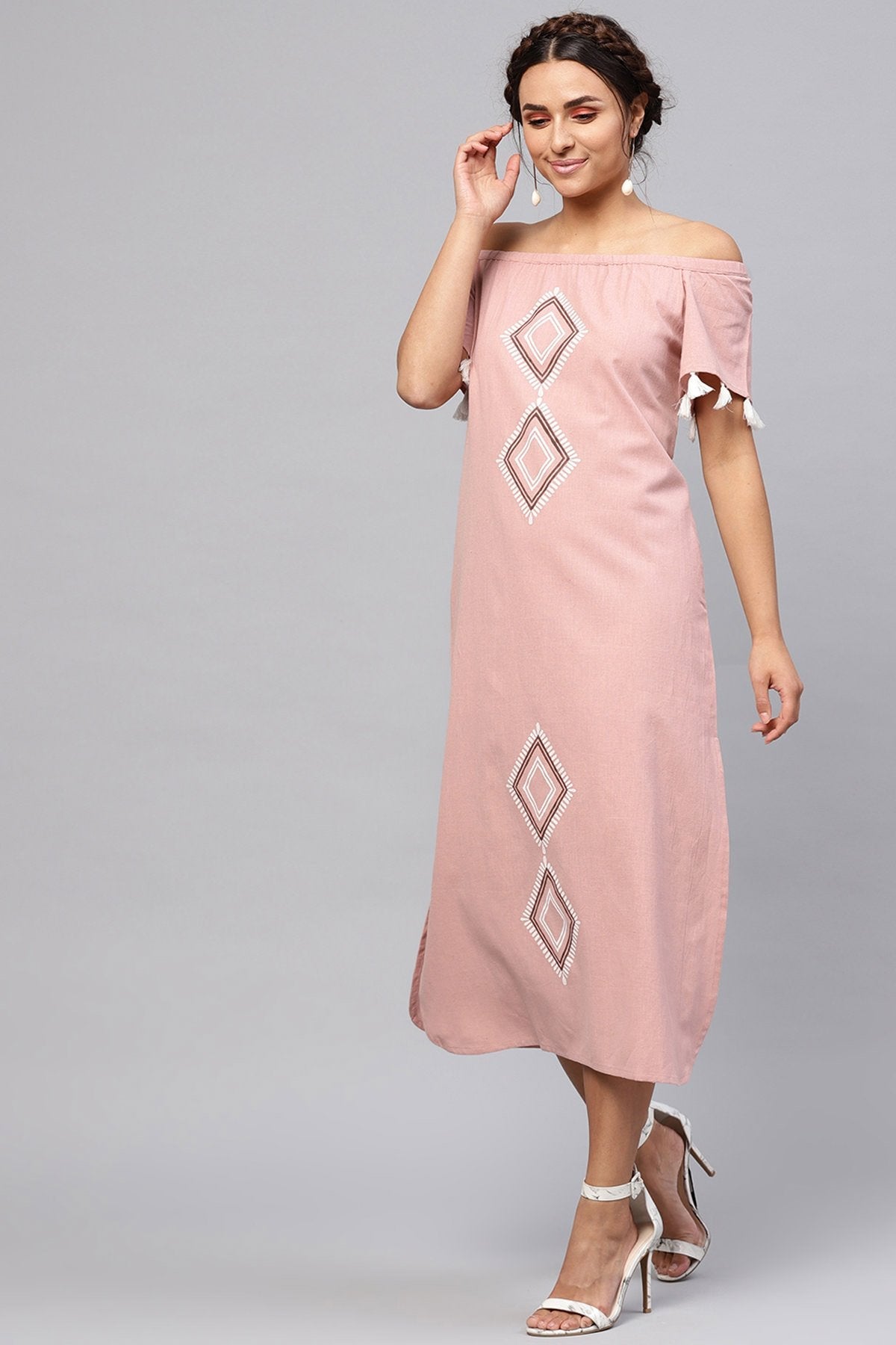 Women's Onion Pink Printed Off Shoulder Long Dress - SASSAFRAS